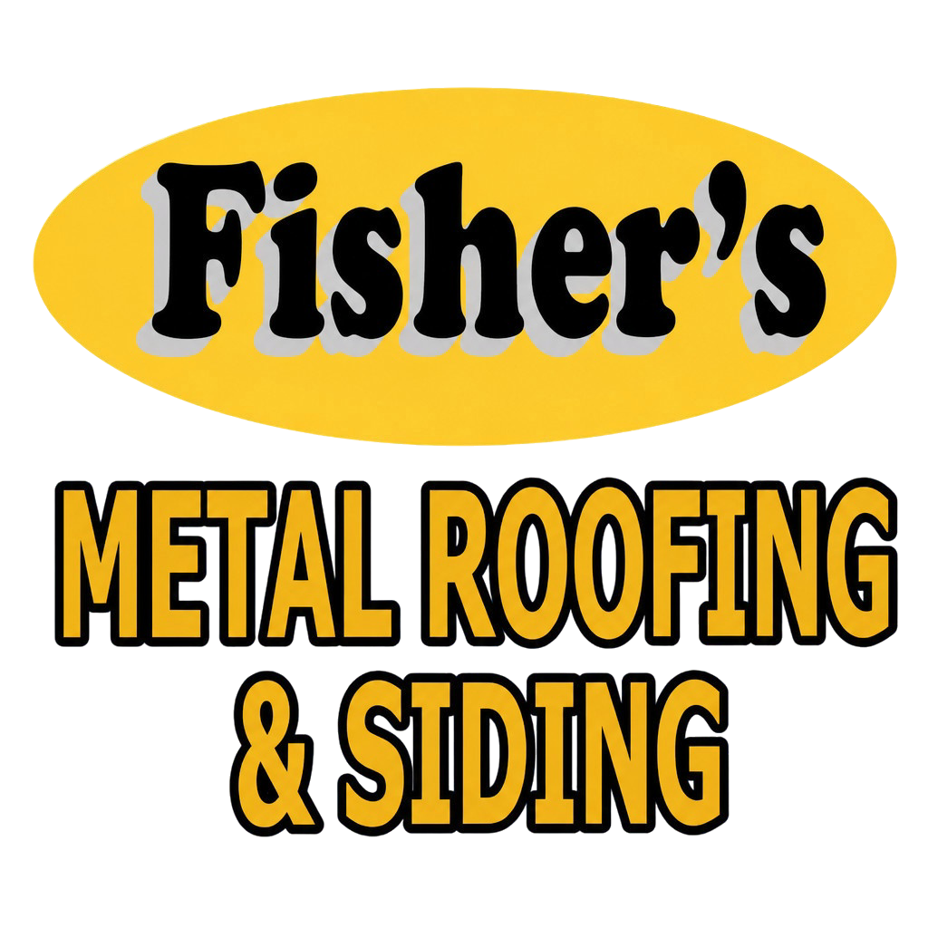A yellow oval with the text "Fisher's" above the words "Metal Roofing & Siding" in bold black and yellow lettering.