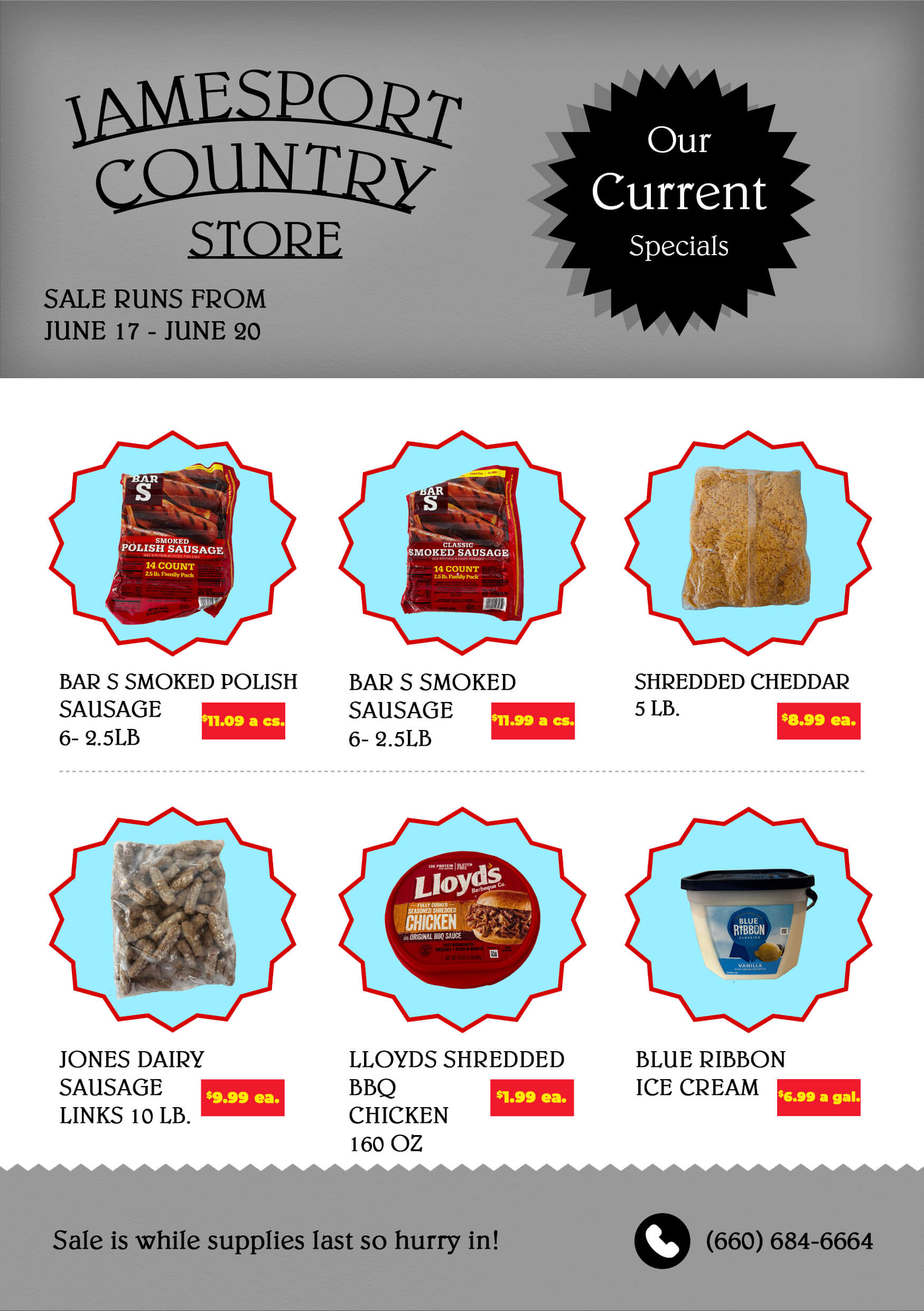 Flyer for Jamesport Country Store featuring sale specials on smoked sausage, shredded cheddar, sausage links, BBQ shredded chicken, and ice cream, valid June 17-20.