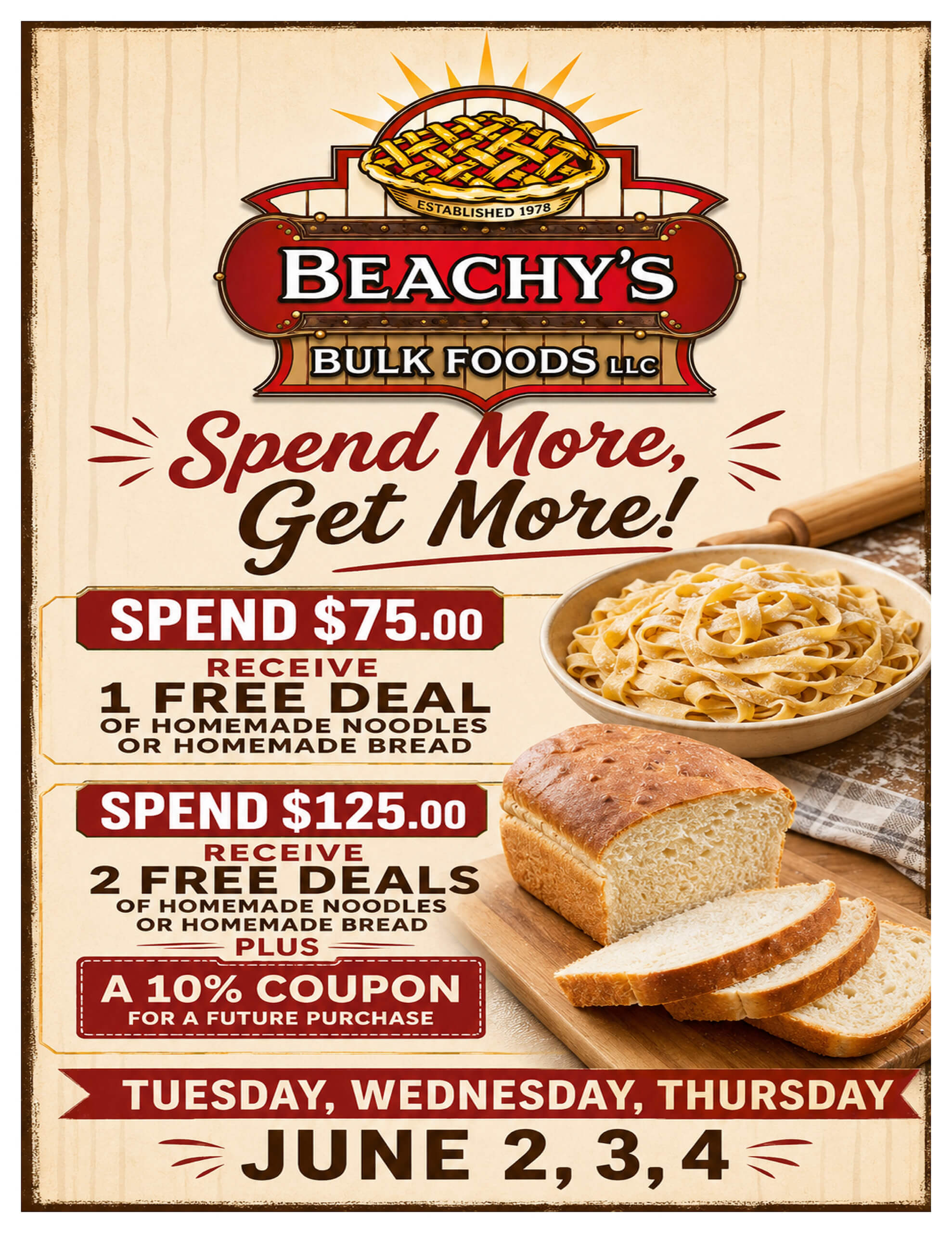 Promotional flyer for Beachy's Bulk Foods offering free homemade noodles or bread with purchases of $75 or $125, valid June 2-4.