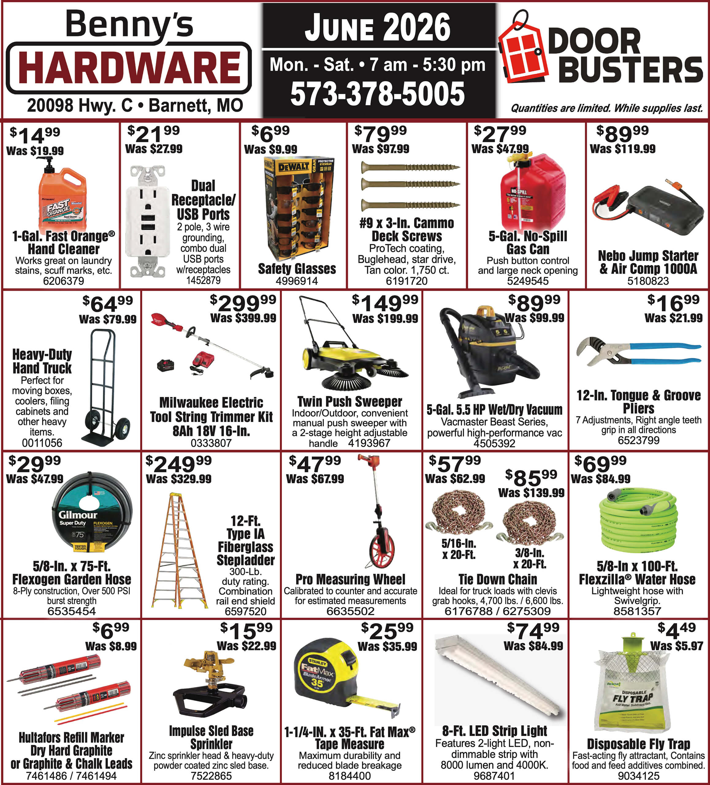Benny’s Hardware June 2026 sale flyer displaying discounted tools, ladders, garden, cleaning products, and hardware accessories with prices, item descriptions, and store contact information.