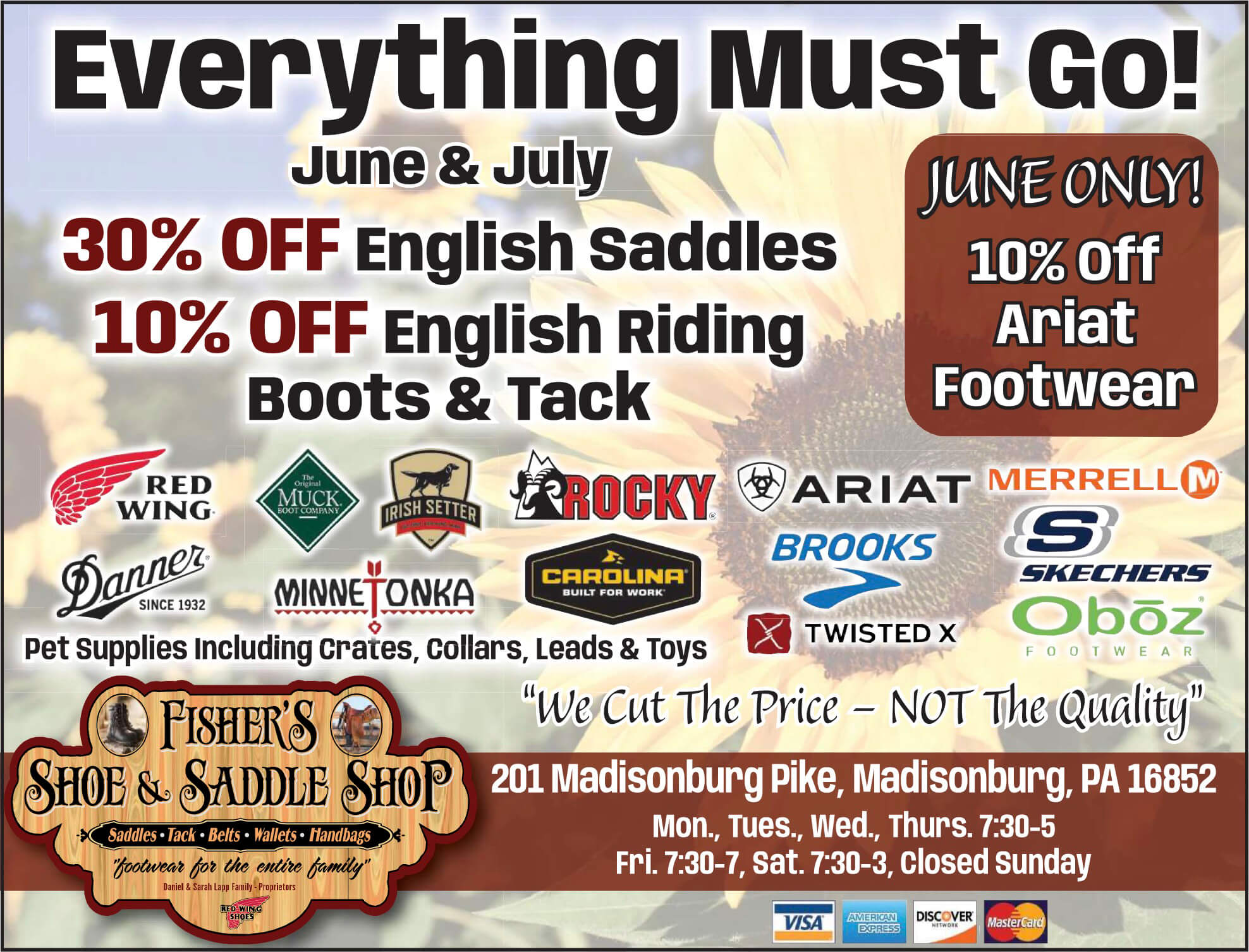 6.2.26 Fishers Shoe and Saddle Ad Ad for Fisher's Shoe & Saddle Shop announces June & July sales: 30% off English saddles, 10% off English riding boots & tack, June only 10% off Ariat footwear, plus pet supplies.