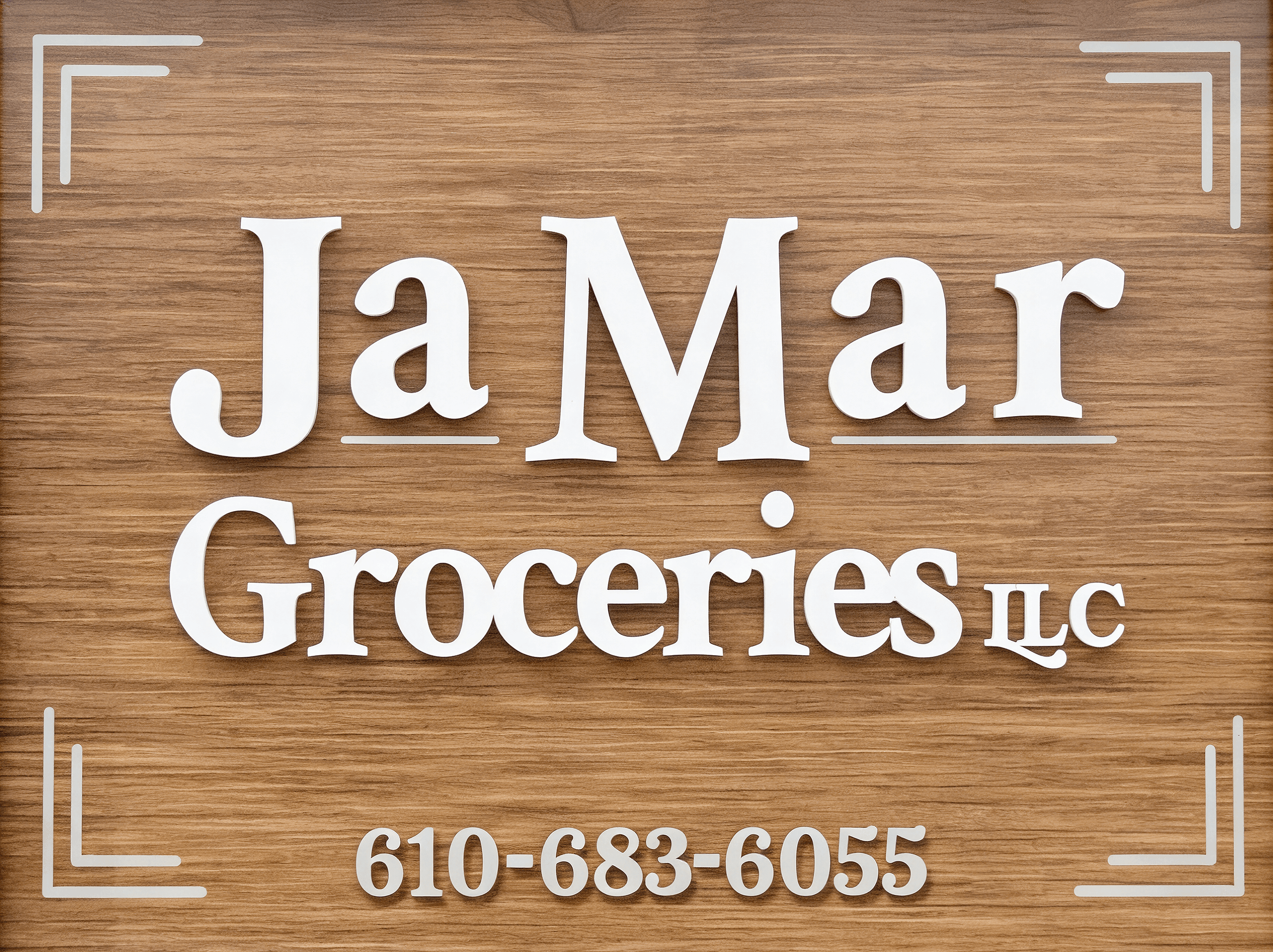 A wooden sign displays "Ja Mar Groceries LLC" in white letters, along with the phone number 610-683-6055.