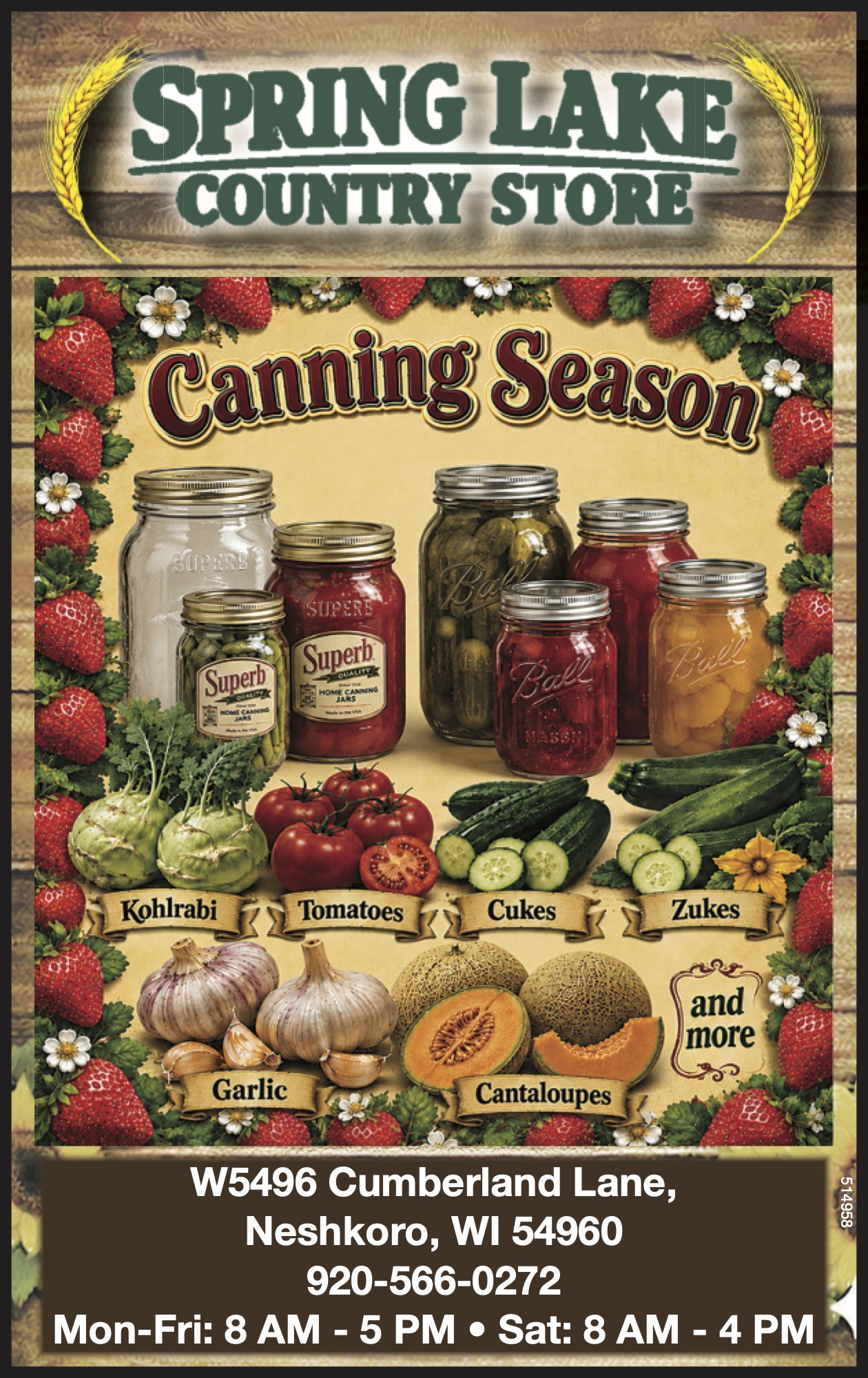 Poster for Spring Lake Country Store featuring jars of canned vegetables and fruit, fresh produce, and store contact information, promoting 
