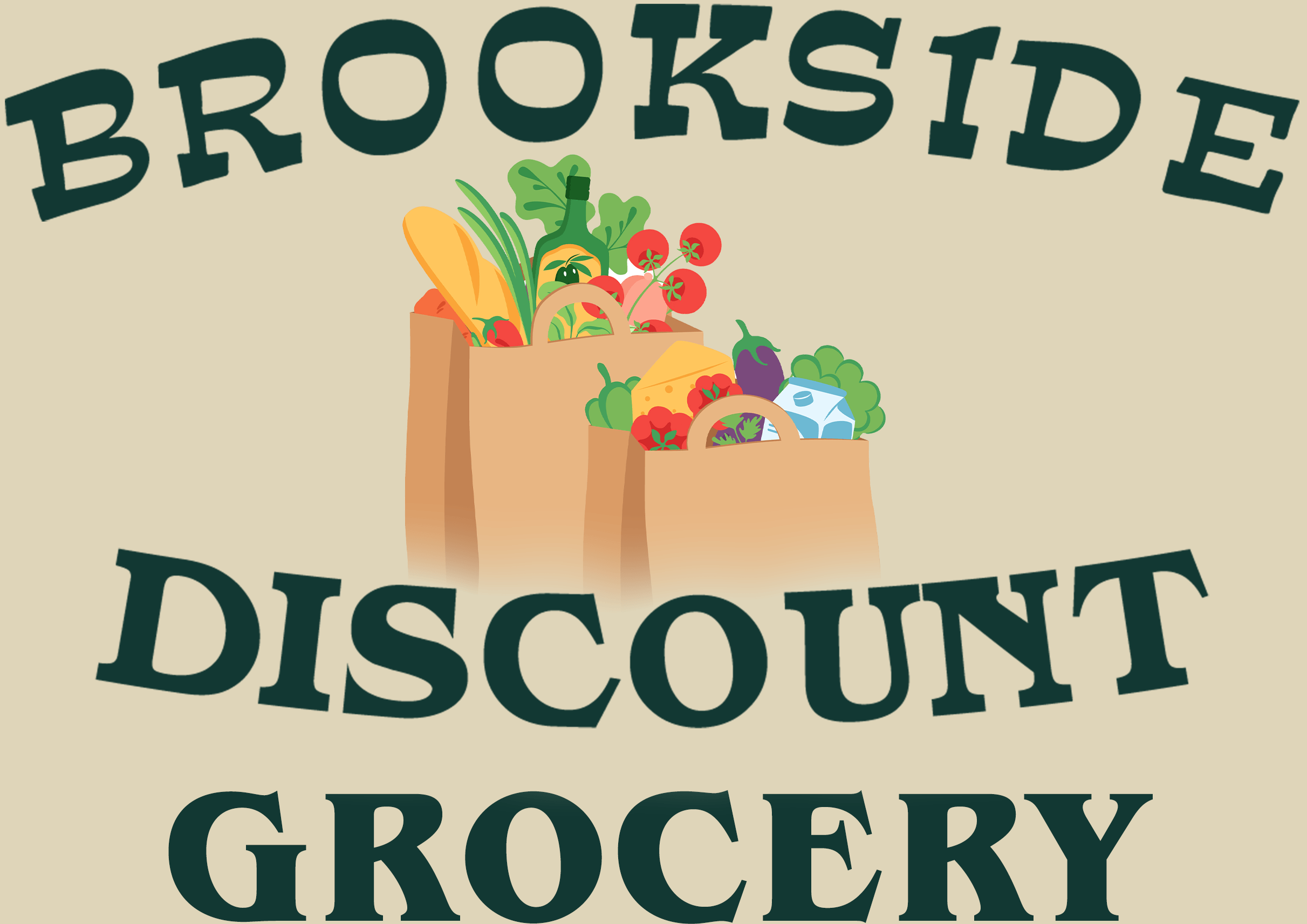 Two grocery bags filled with various fresh vegetables and fruits are centered under the text "Brookside Discount Grocery.