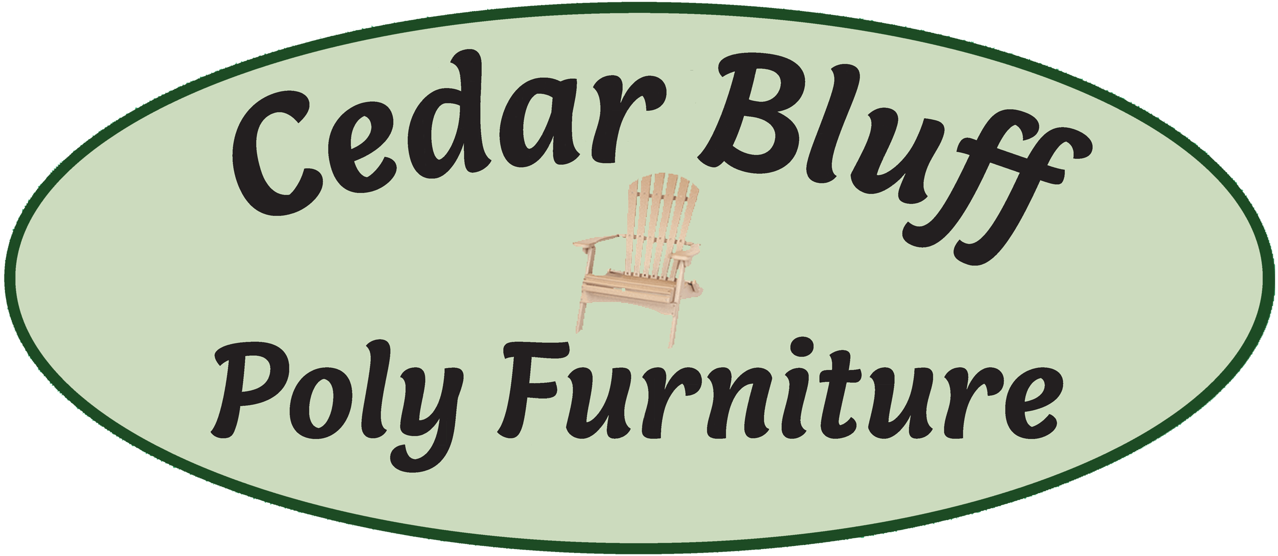 Logo for Cedar Bluff Poly Furniture featuring an illustration of an Adirondack chair centered between the business name in green text on a light green oval background.
