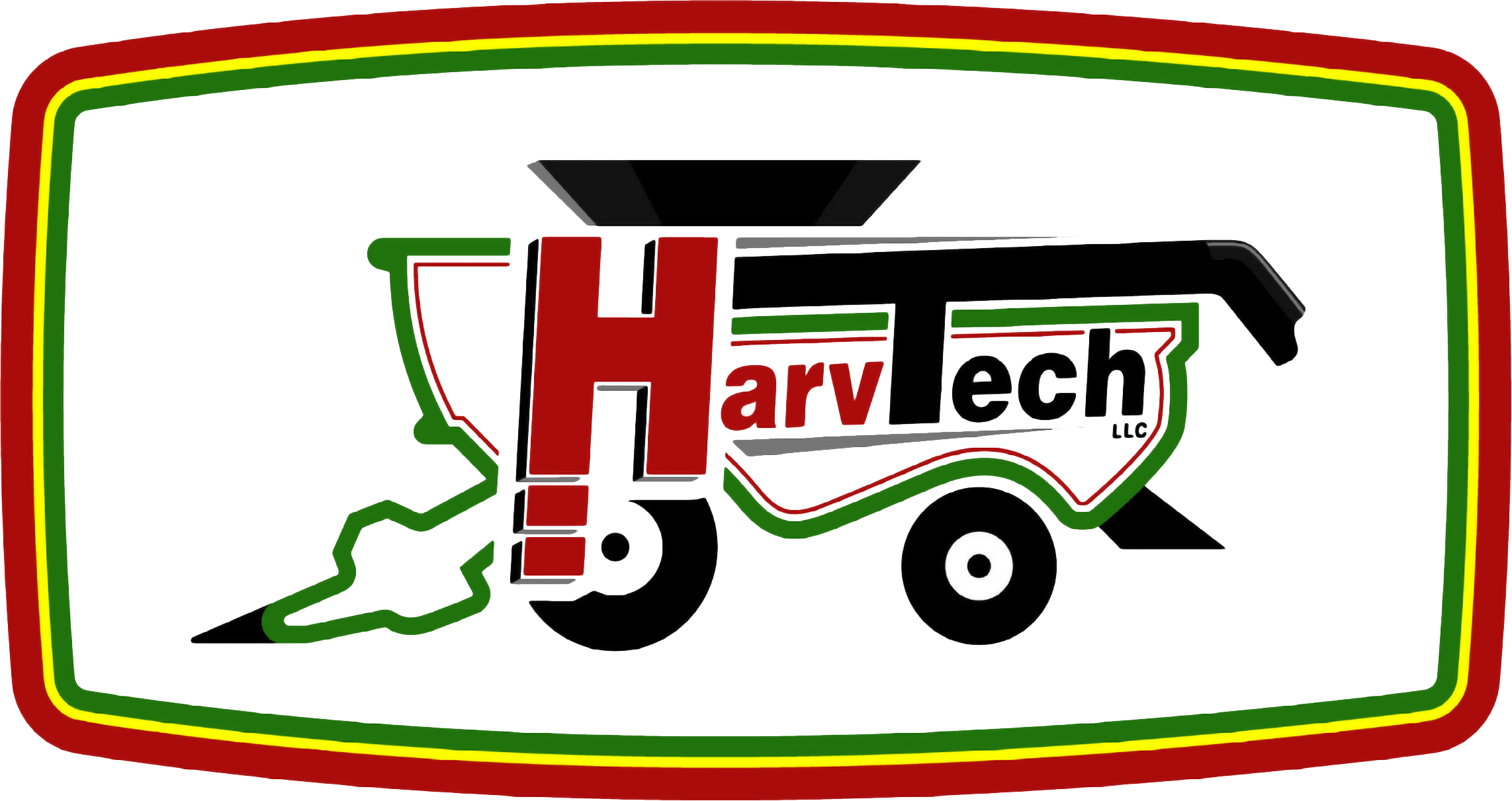 Logo for HarvTech LLC featuring a stylized combine harvester with the company name incorporated, outlined by a green, red, and yellow rectangular border.