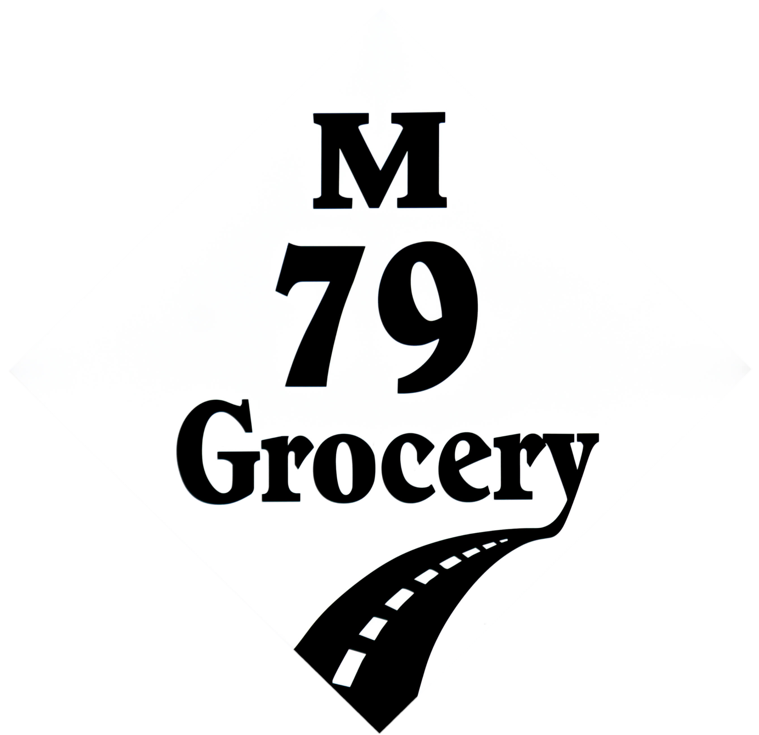 A white diamond-shaped sign with "M 79 Grocery" in black text and a curved road graphic at the bottom.