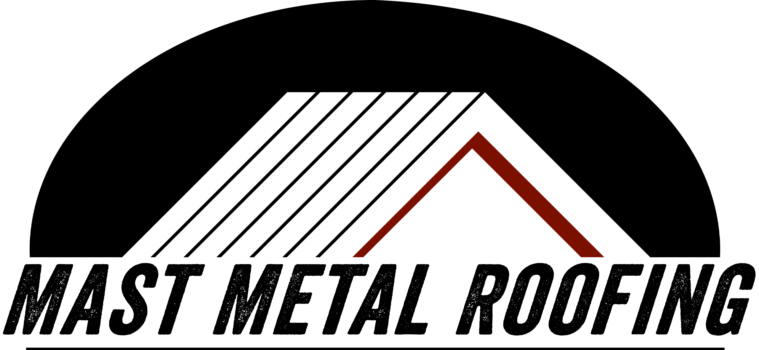 Logo for Mast Metal Roofing featuring a stylized roof design with black and red lines, and bold text reading "Mast Metal Roofing" beneath the graphic.