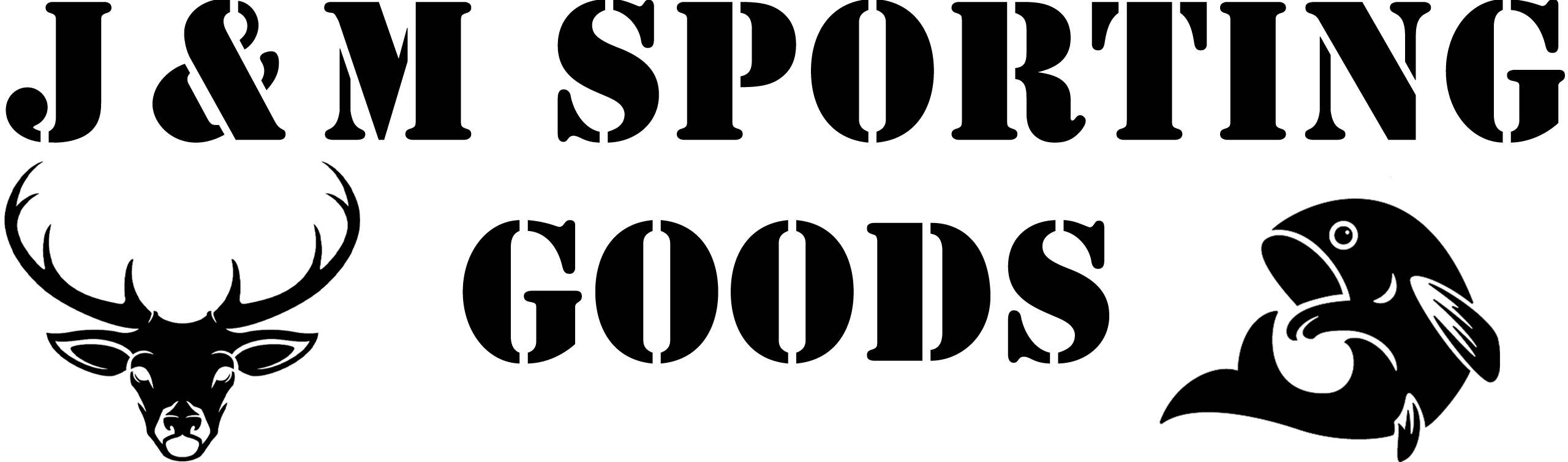 Logo for J & M Sporting Goods with bold black text, a deer head graphic on the left, and a fish graphic on the right, all on a white background.