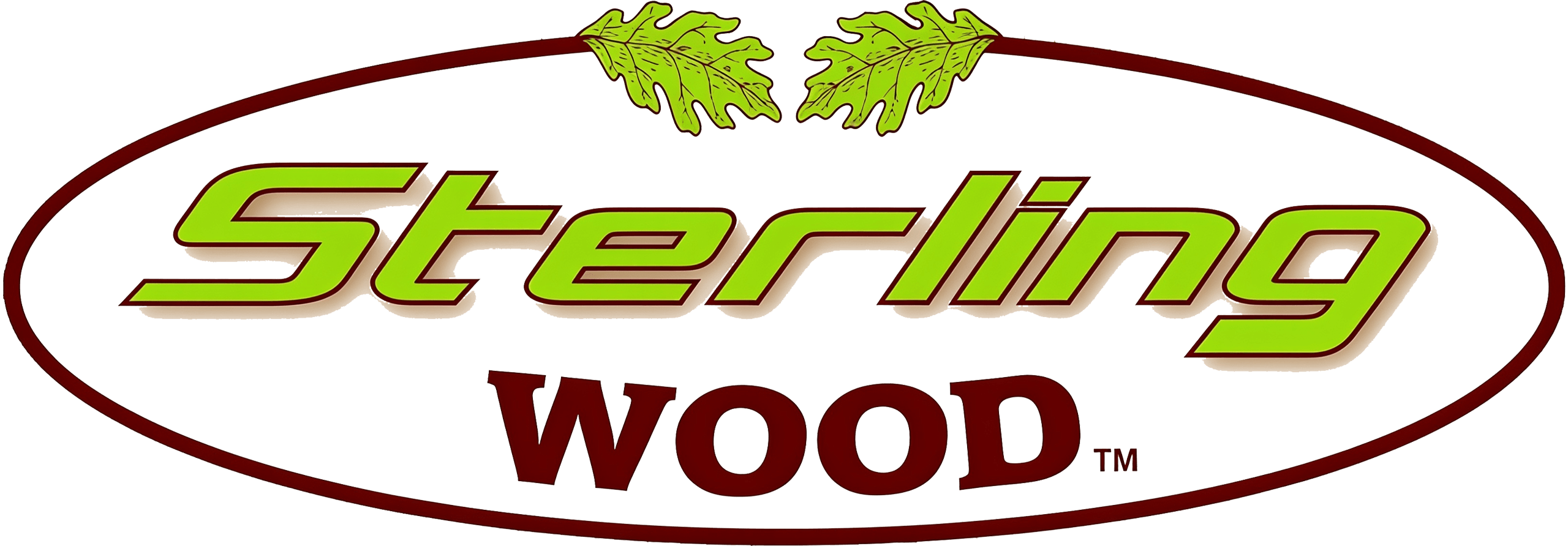 Logo with "Sterling" in green letters and "WOOD" in bold red letters inside an oval outline, with two green oak leaves at the top.