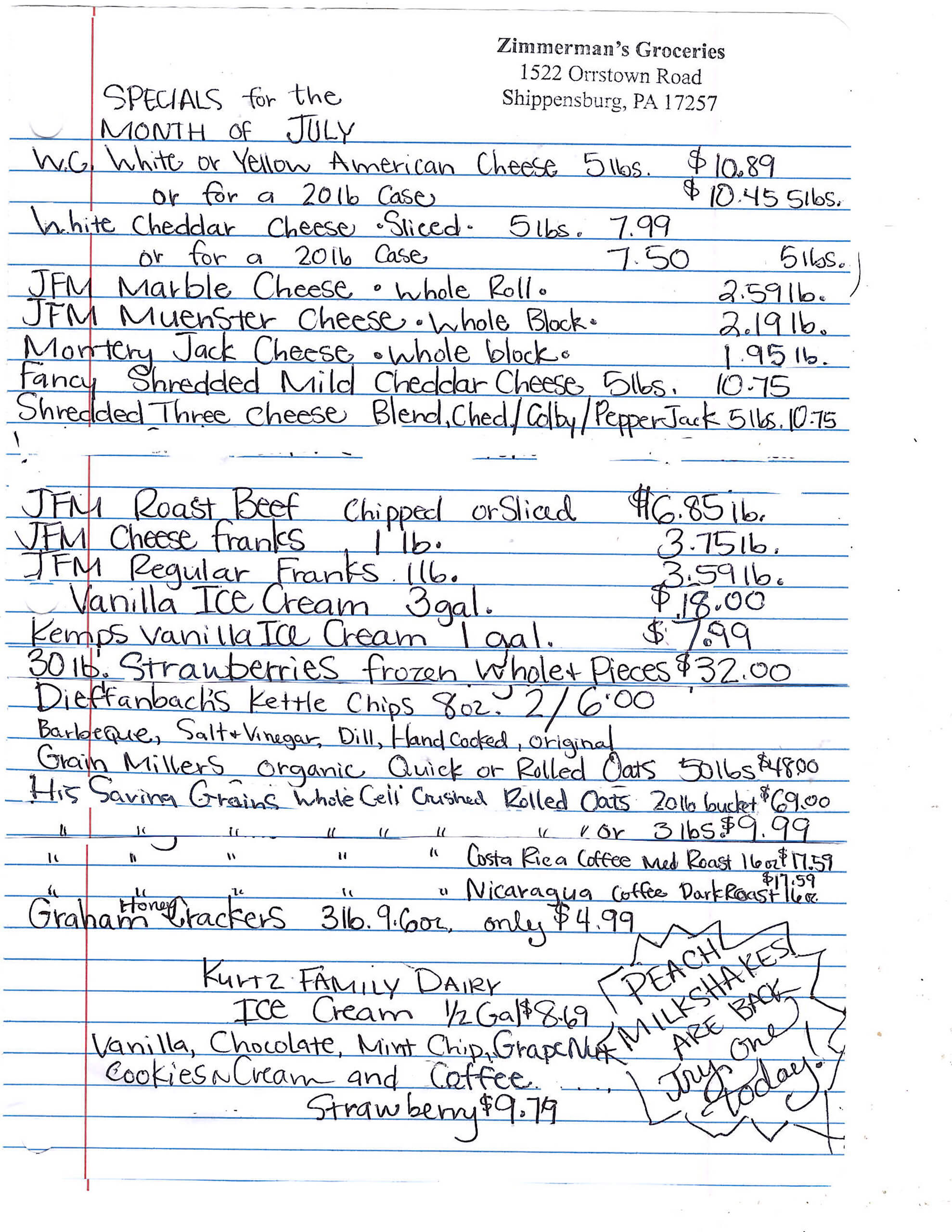 Handwritten grocery specials list for July from Zimmerman’s Groceries, detailing various cheeses, meats, deli salads, and ice cream prices, with store address at the top.