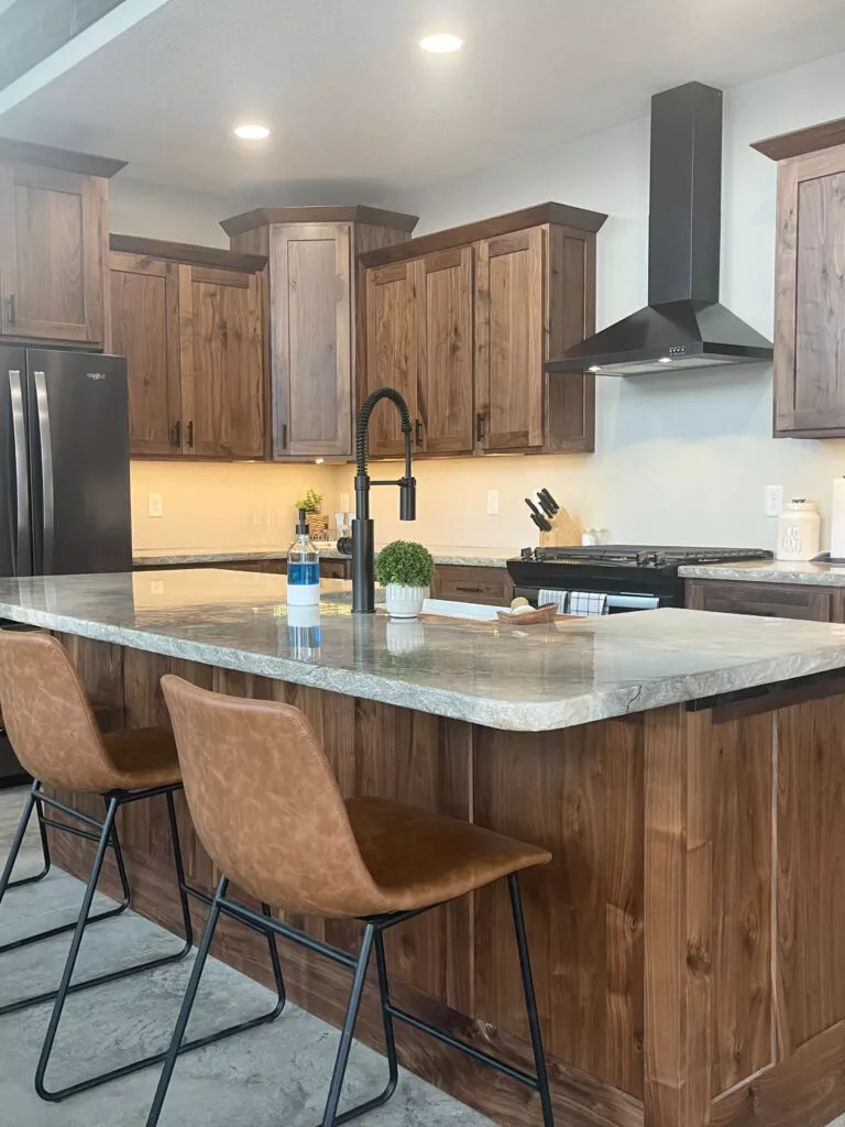 Creative Cabinetry Bloomfield Iowa Modern kitchen with wood cabinets, granite island countertop, two brown chairs, black faucet, potted plant, and stainless steel appliances.
