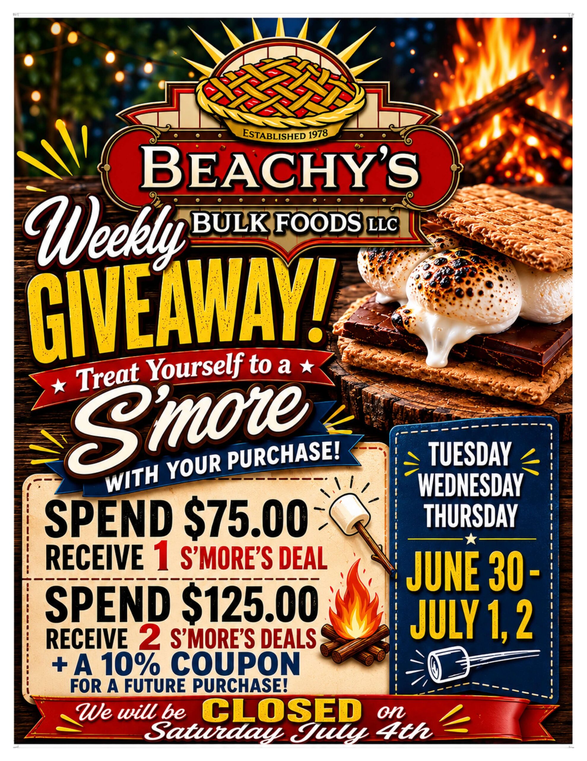 Beachy's Bulk Foods giveaway flyer promoting a s'mores deal with purchases of $75 or $125, store closure on July 4th, and event dates June 30, July 1-2.