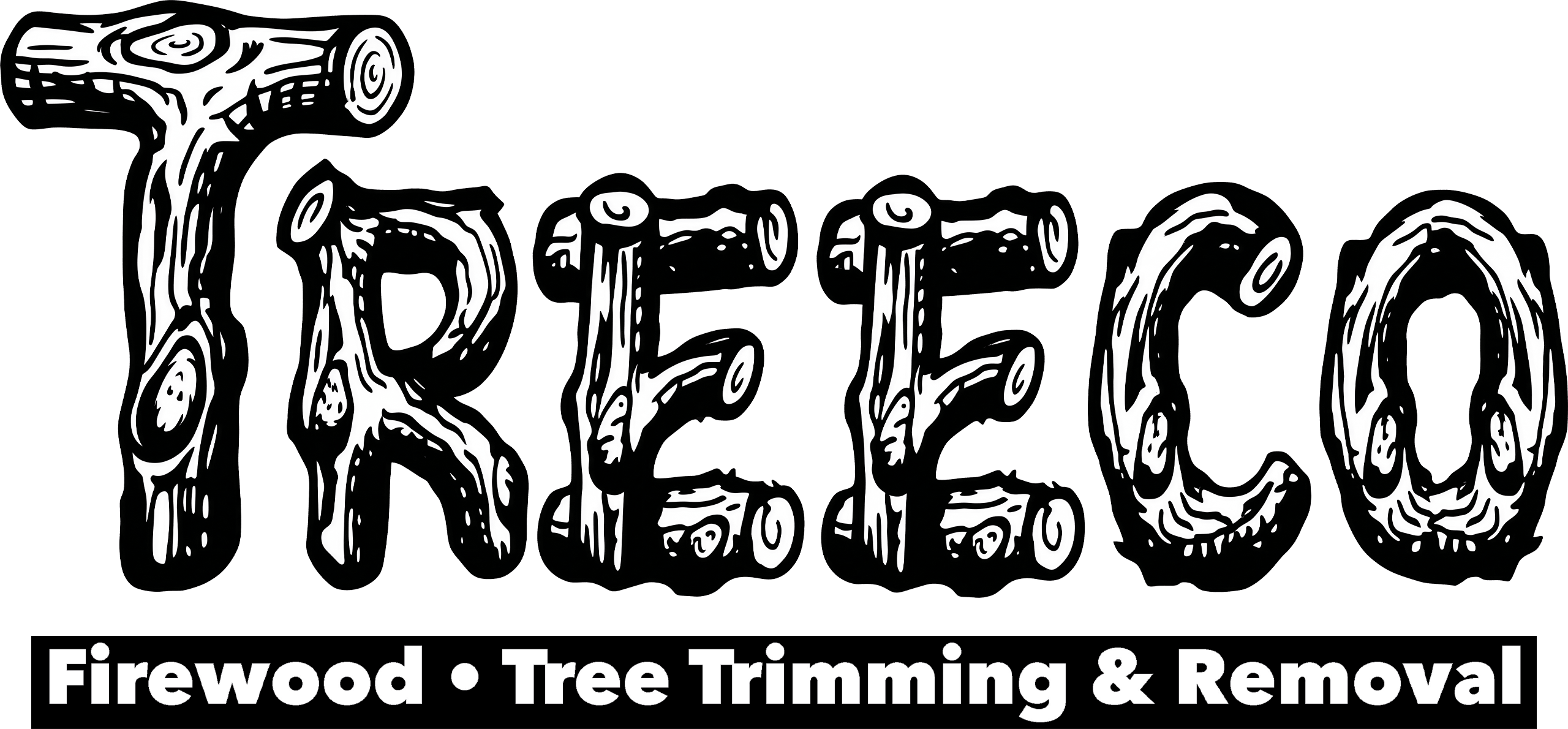 Logo for "TREECO" with letters designed to resemble logs. Text below reads: "Firewood • Tree Trimming & Removal" in bold, white letters on a black background.