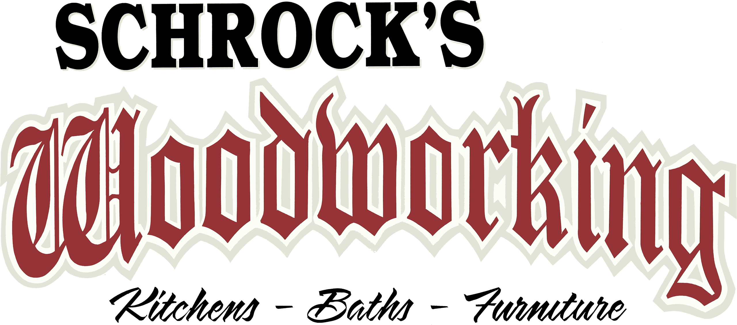 Logo for Schrock's Woodworking with the words "Kitchens – Baths – Furniture" below in script font.