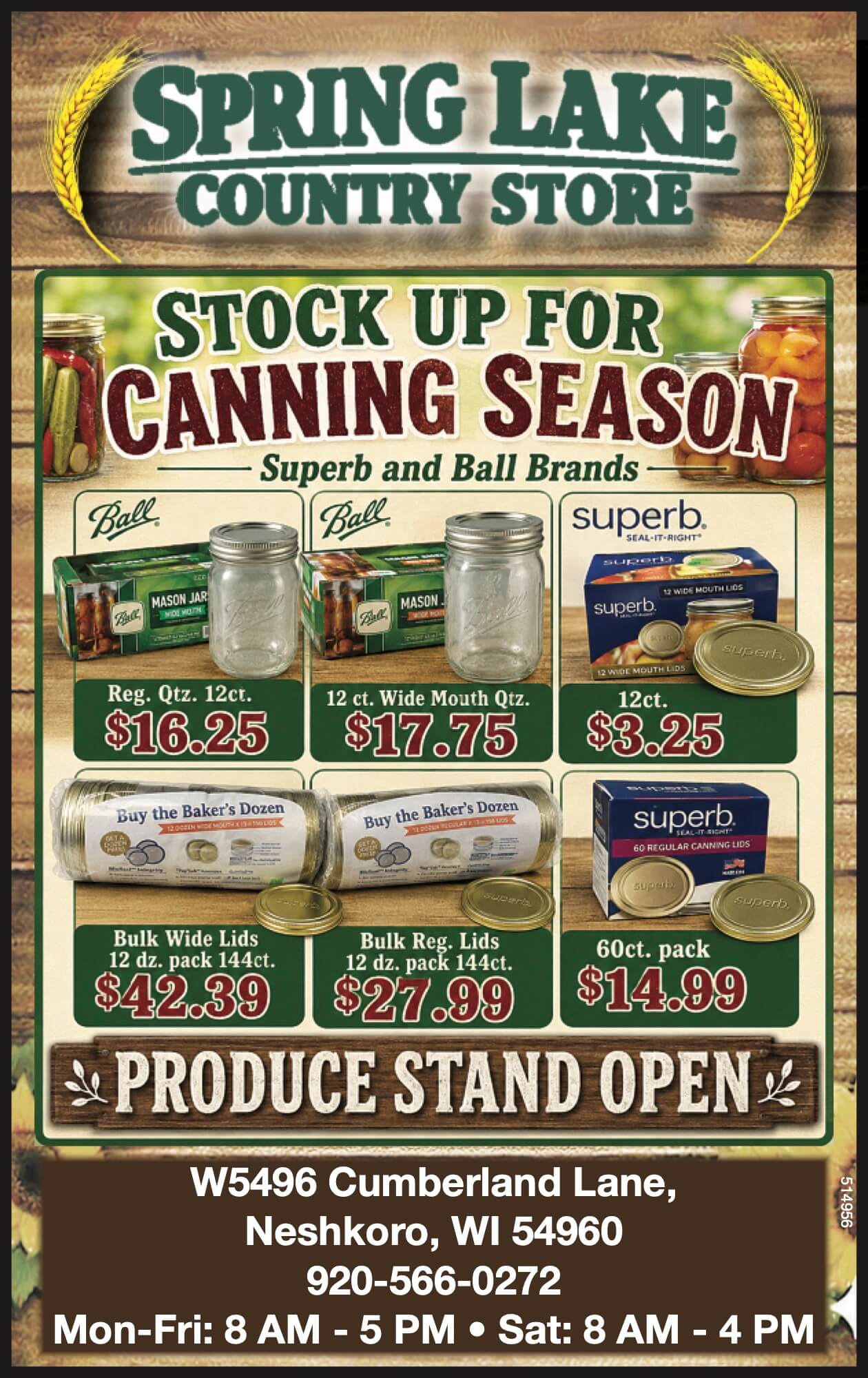 Promotional flyer advertising canning jars, lids, and supplies from Ball and Superb brands at Spring Lake Country Store in Neshkoro, WI, with store hours and contact details.
