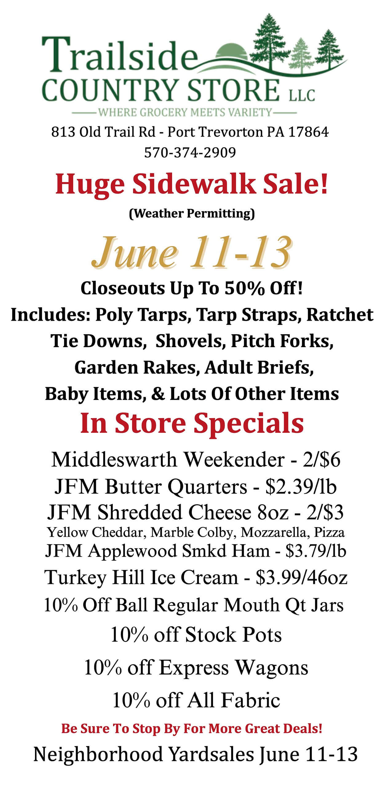 Trailside Country Store flyer advertising a huge sidewalk sale June 11–13 with discounts on various items, closeouts, and specials for Middletown Weekend.