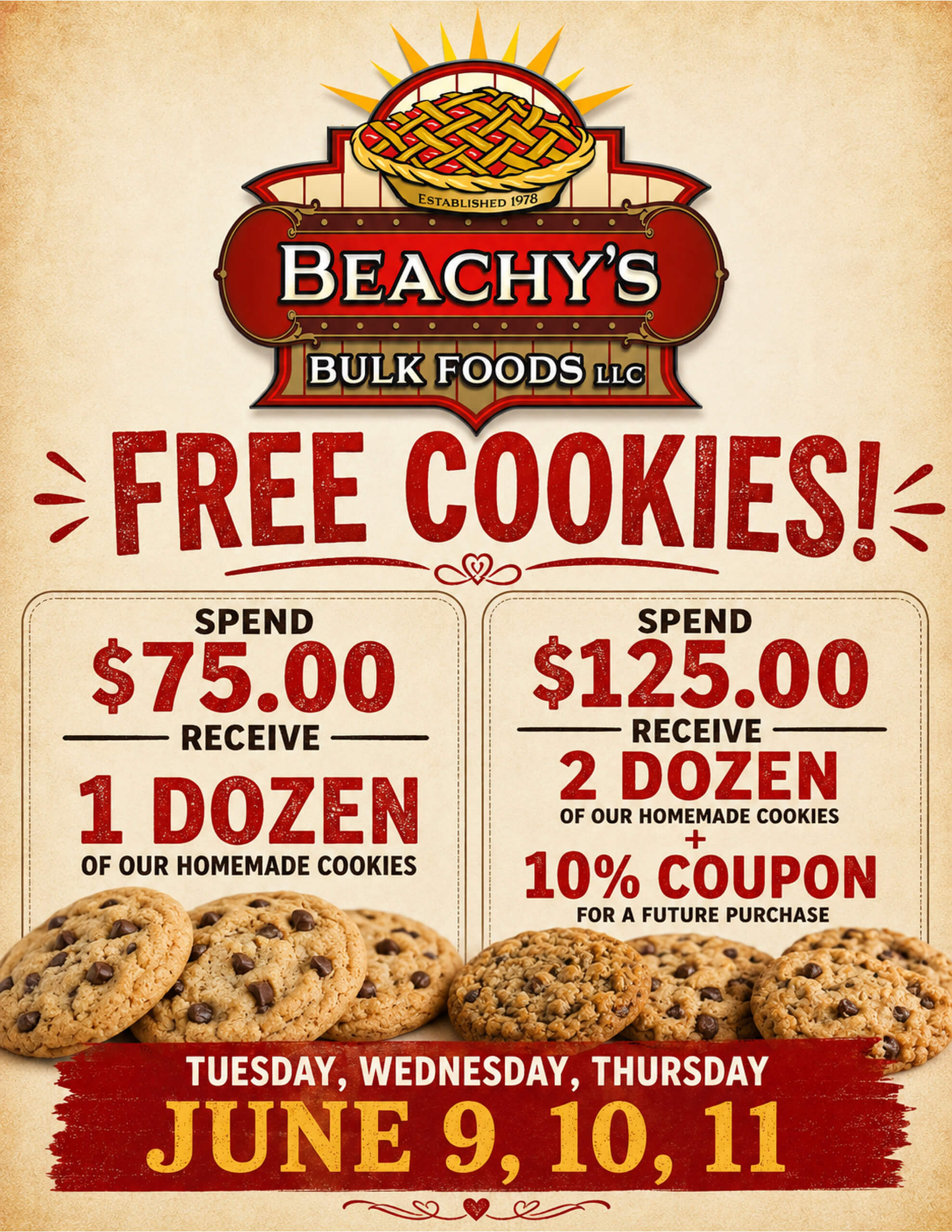 Promotional poster for Beachy's Bulk Foods offering free cookies with purchases of $75 or more, valid June 9-11, with details and images of cookies.