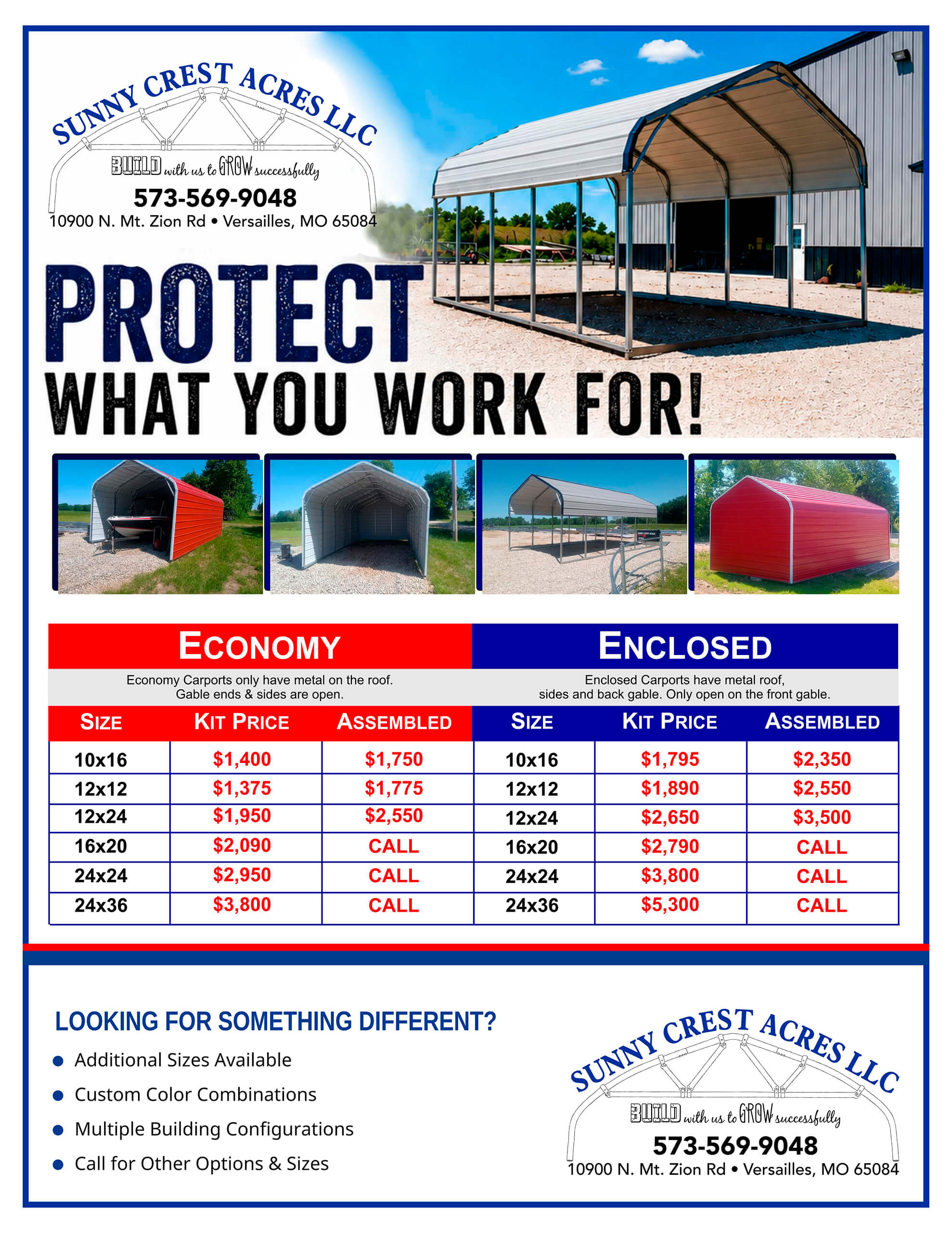 6.8.26 Sunny Crest Acres Carport Flyer Promotional flyer for Sunny Crest Acres LLC showing metal carports and pricing tables for economy and enclosed models, with contact info and service options listed at the bottom.