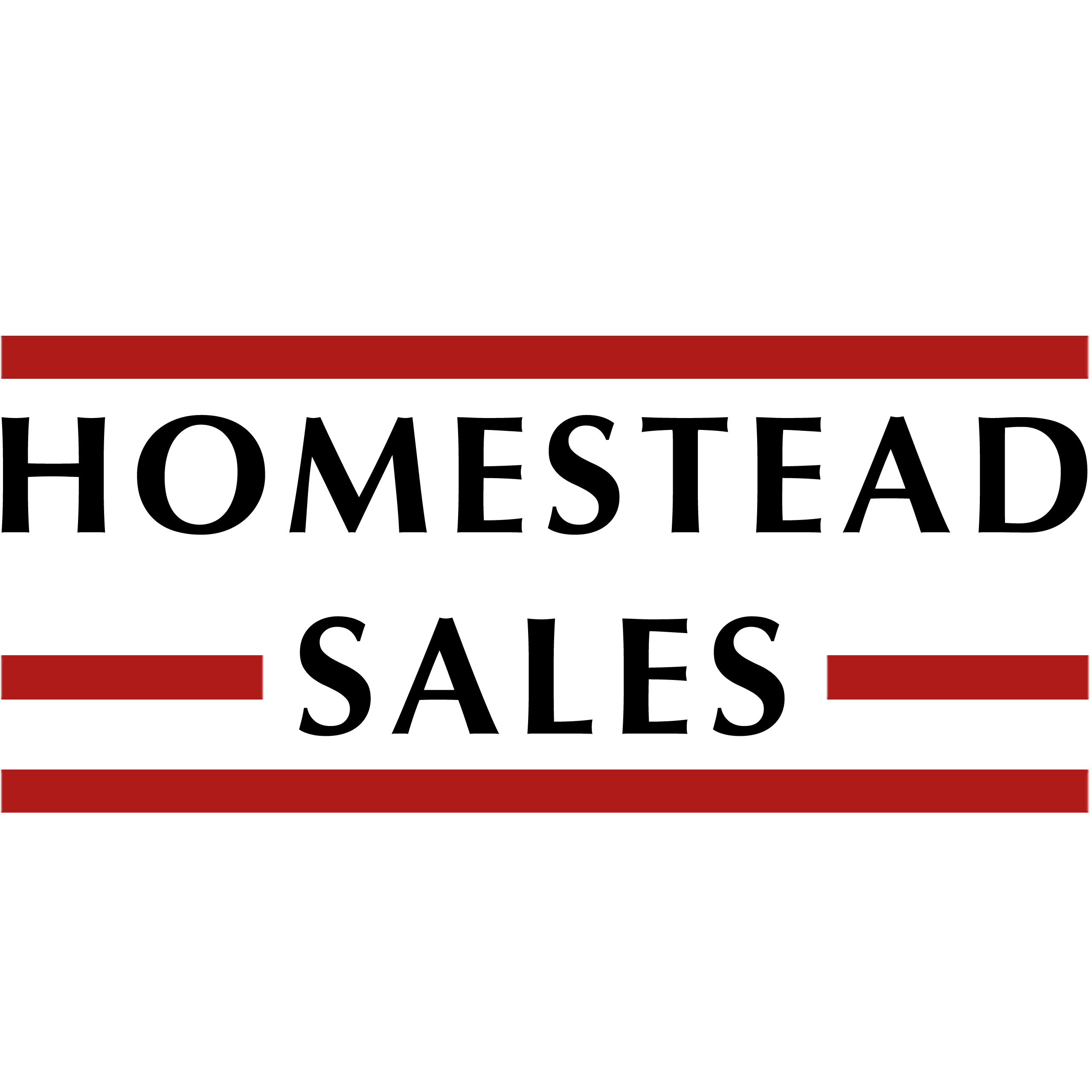 The image displays the words "HOMESTEAD SALES" in black, with three horizontal red lines above, between, and below the text on a white background.