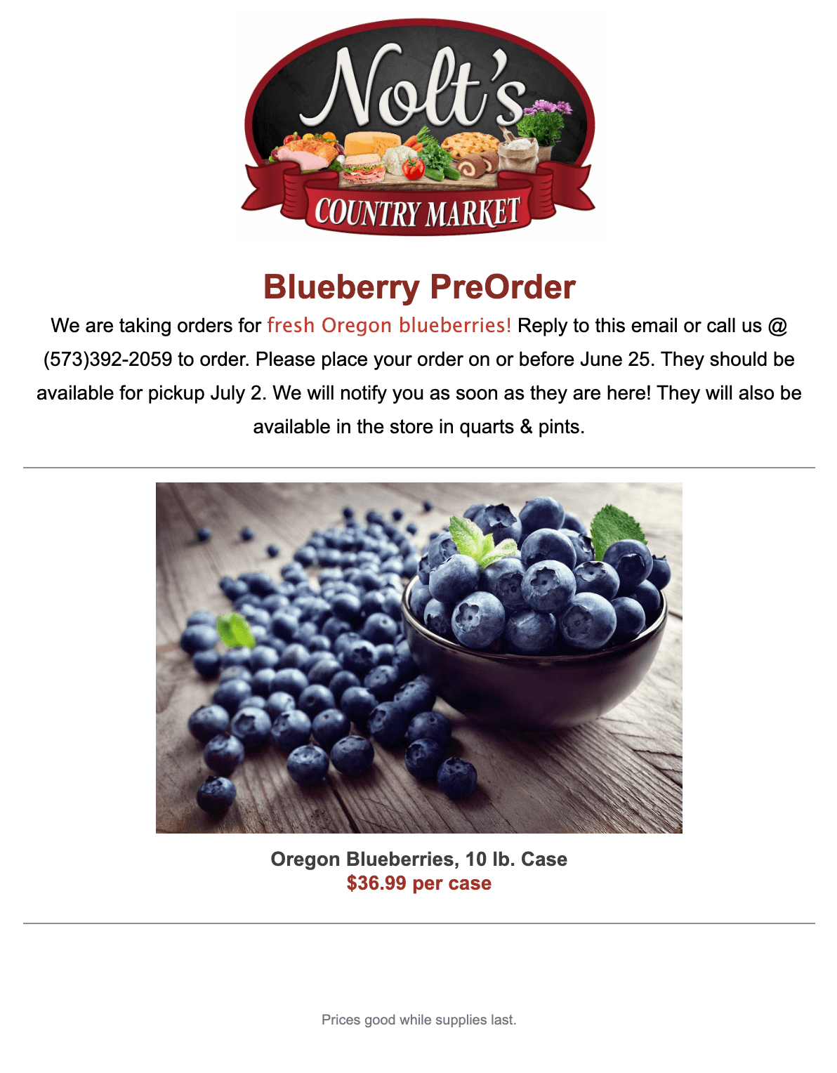 Nolt's Country Market blueberry preorder flyer featuring a bowl of fresh blueberries on a table, with price and ordering details for Oregon blueberries.