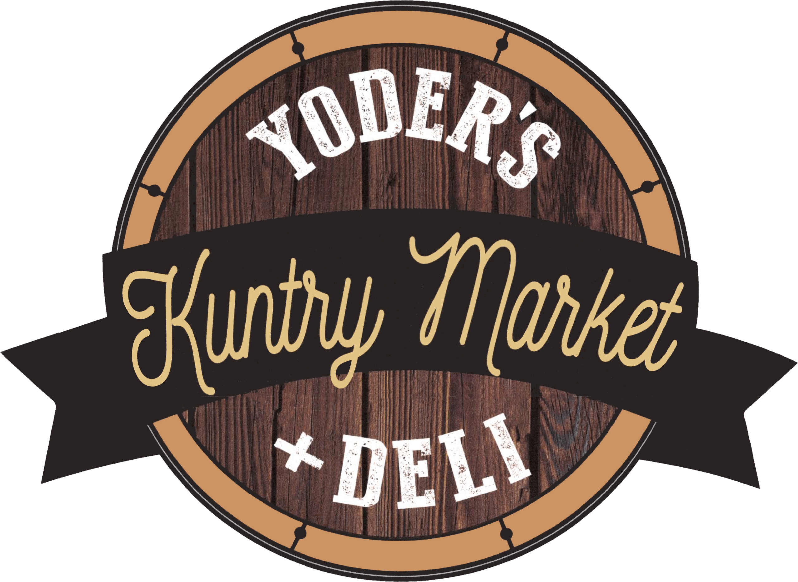 Circular logo with a wood texture background, reading "Yoder's Kuntry Market + Deli" in white and tan script and bold fonts, with a black ribbon banner.