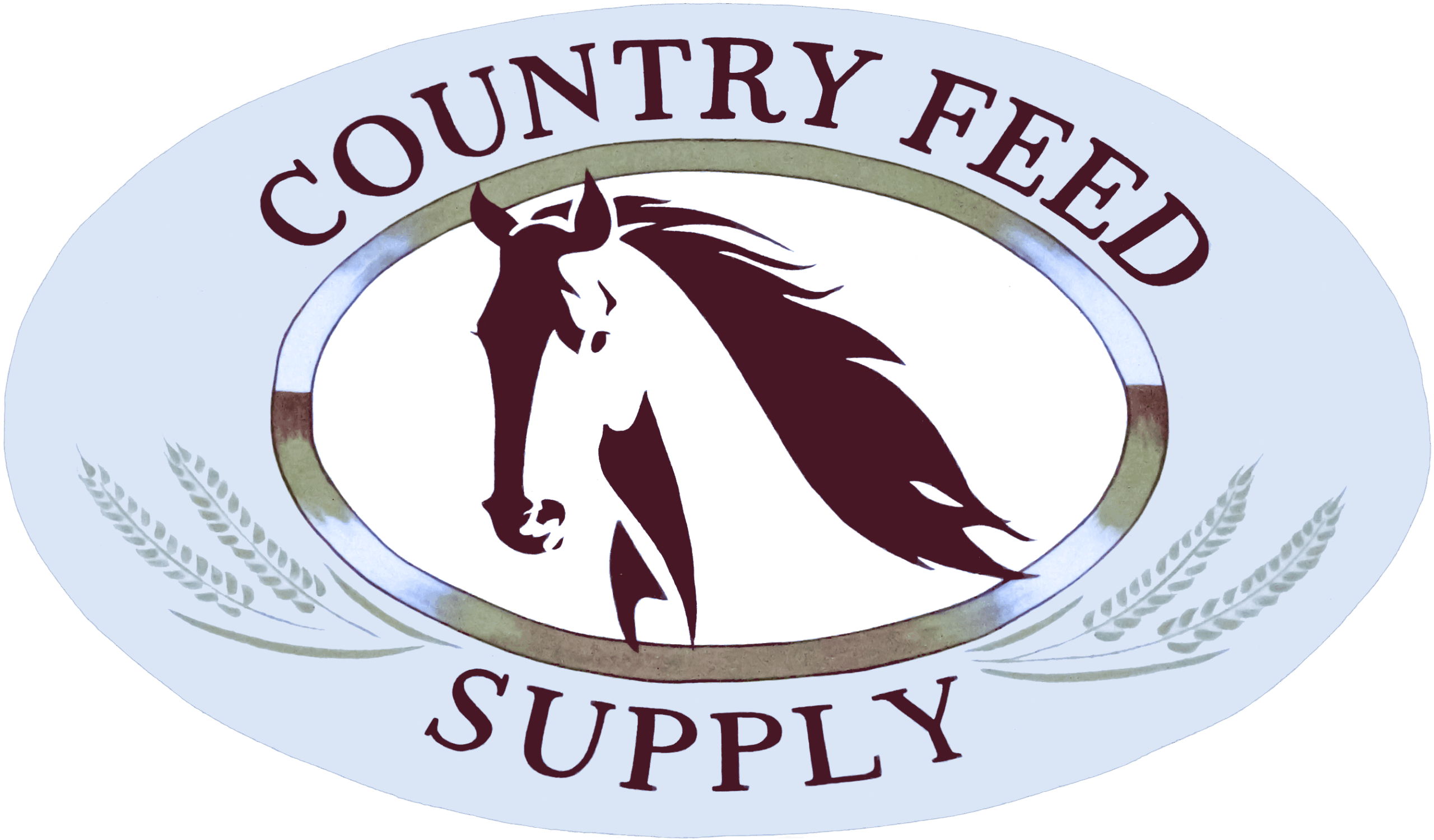 A logo featuring a stylized horse head in the center, with the text "Country Feed Supply" and two wheat stalks on a light oval background.
