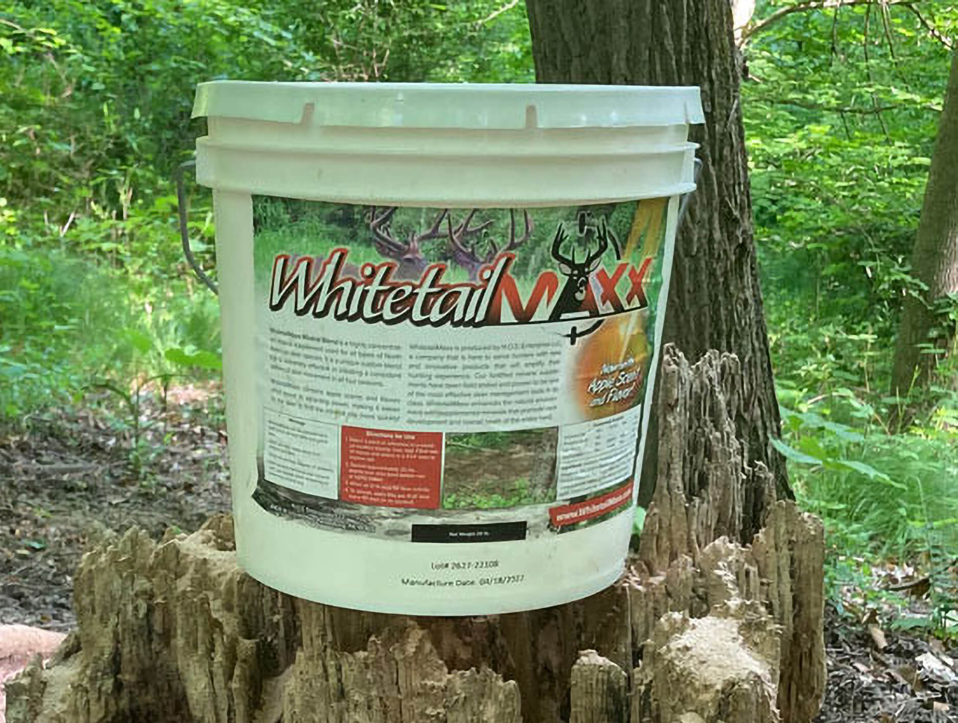A white bucket labeled "Whitetail MXX" sits on a tree stump in a wooded outdoor setting.