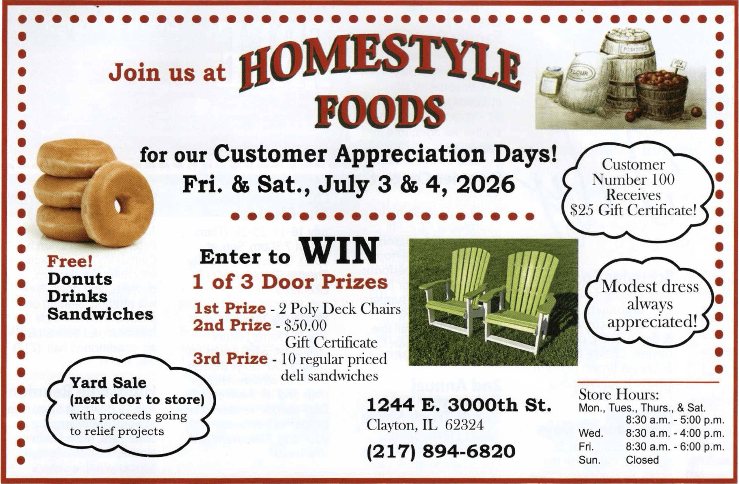 7.1.26 Homestyle Foods Customer Appreciation Days Ad Flyer for Homestyle Foods Customer Appreciation Days, July 3 & 4, 2026, featuring prize drawings, free donuts, yard sale, and store hours with contact info.