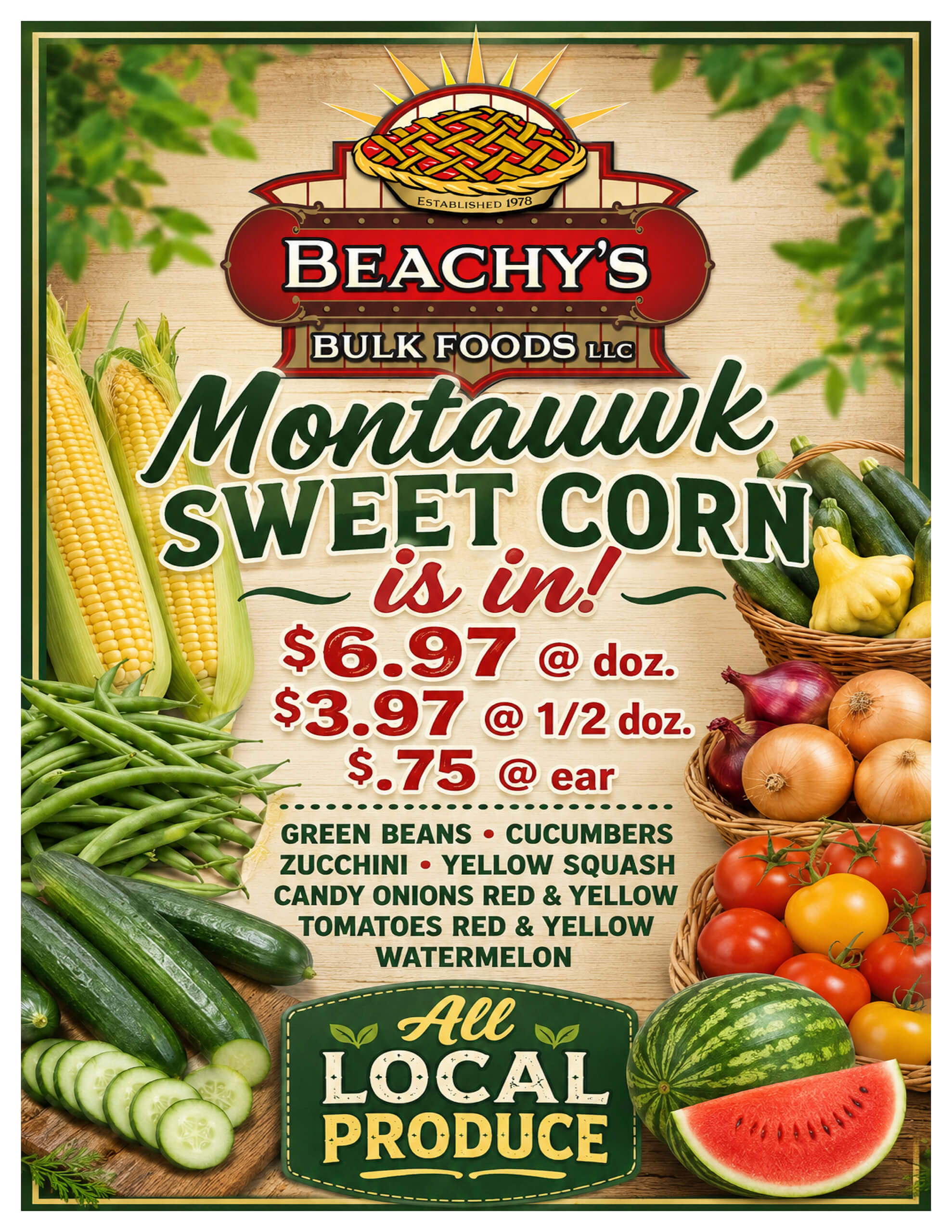 Poster advertising Montauk sweet corn for sale, with prices per dozen, half dozen, and ear, and listing various types of local produce such as beans, squash, onions, tomatoes, and watermelon.