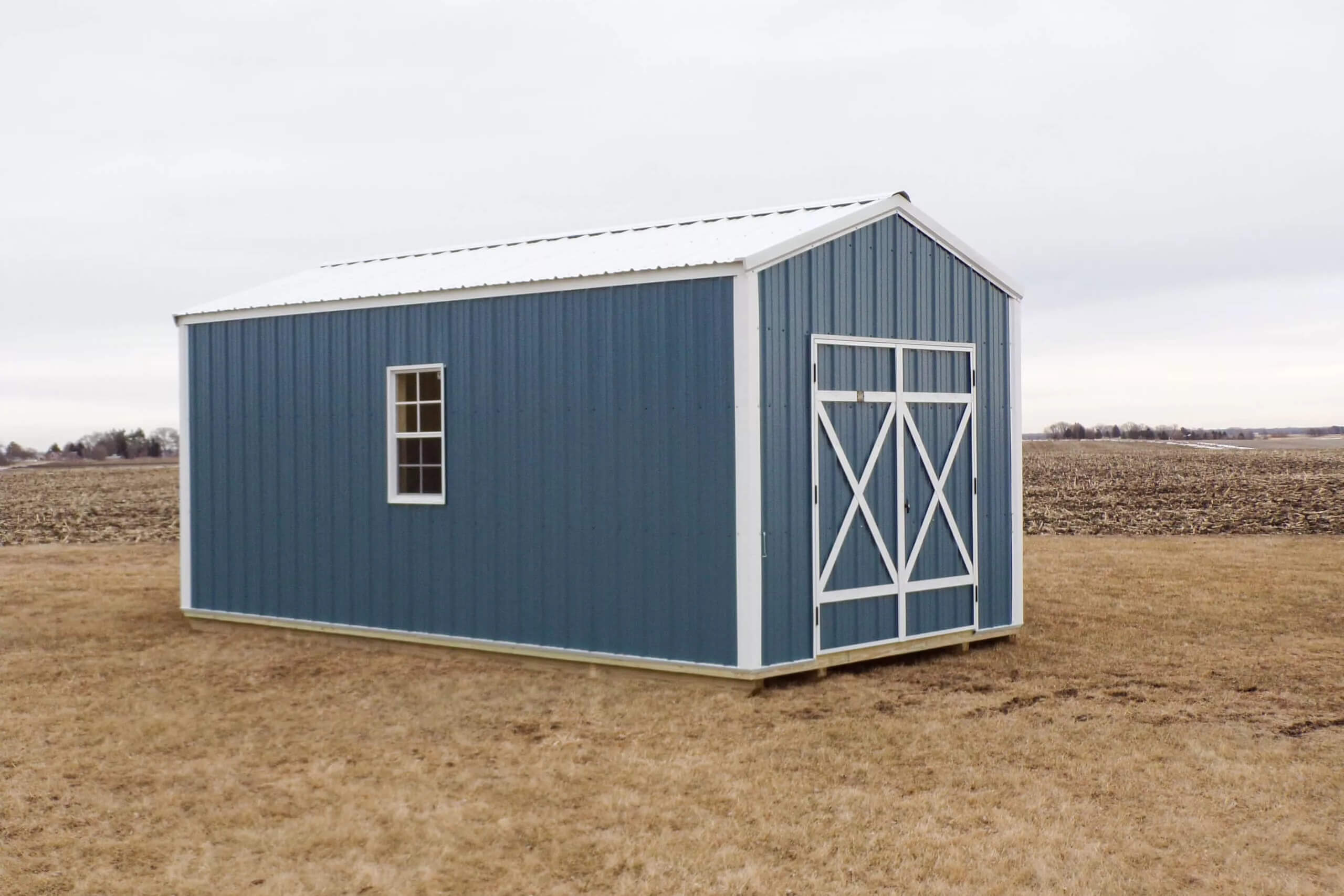 Blue metal storage shed with a white-trimmed door and a window, situated on dry grass in an open, rural field under an overcast sky.