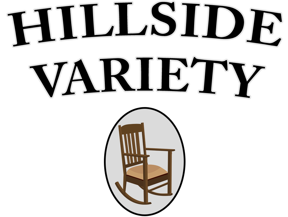 The image shows the words "HILLSIDE VARIETY" above an illustration of a wooden rocking chair inside an oval frame.