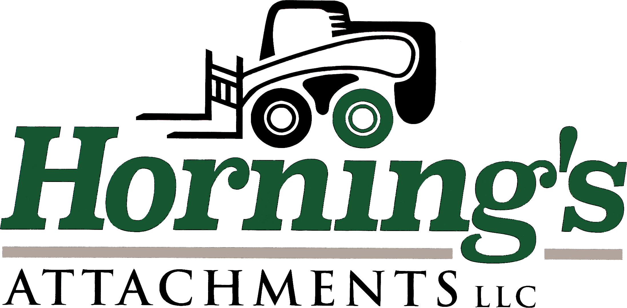 Logo for Horning's Attachments LLC, featuring a green forklift graphic above the company name in bold green and black text.