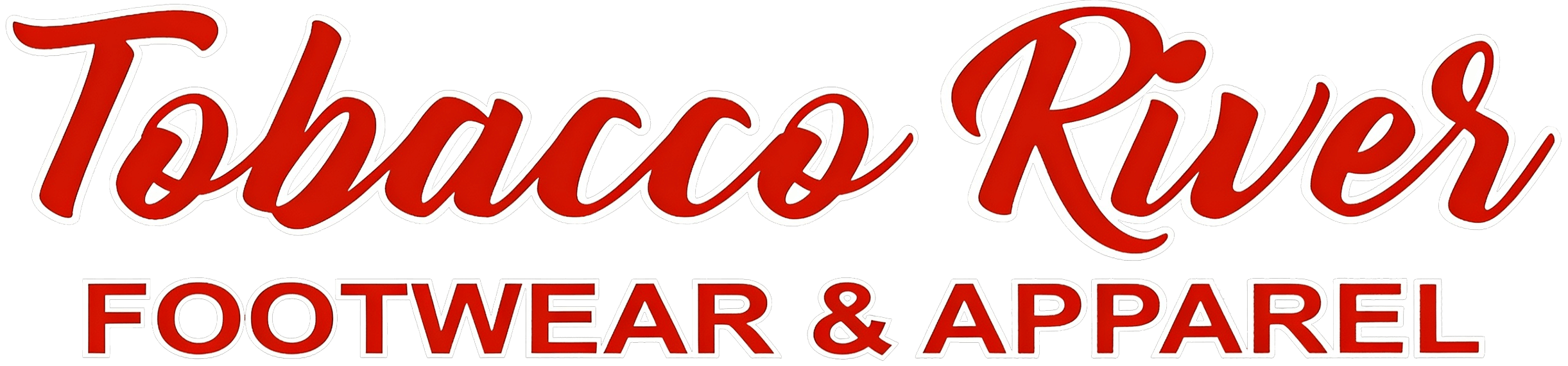 Tobacco River Footwear & Apparel" written in bold red script and block letters on a white background.