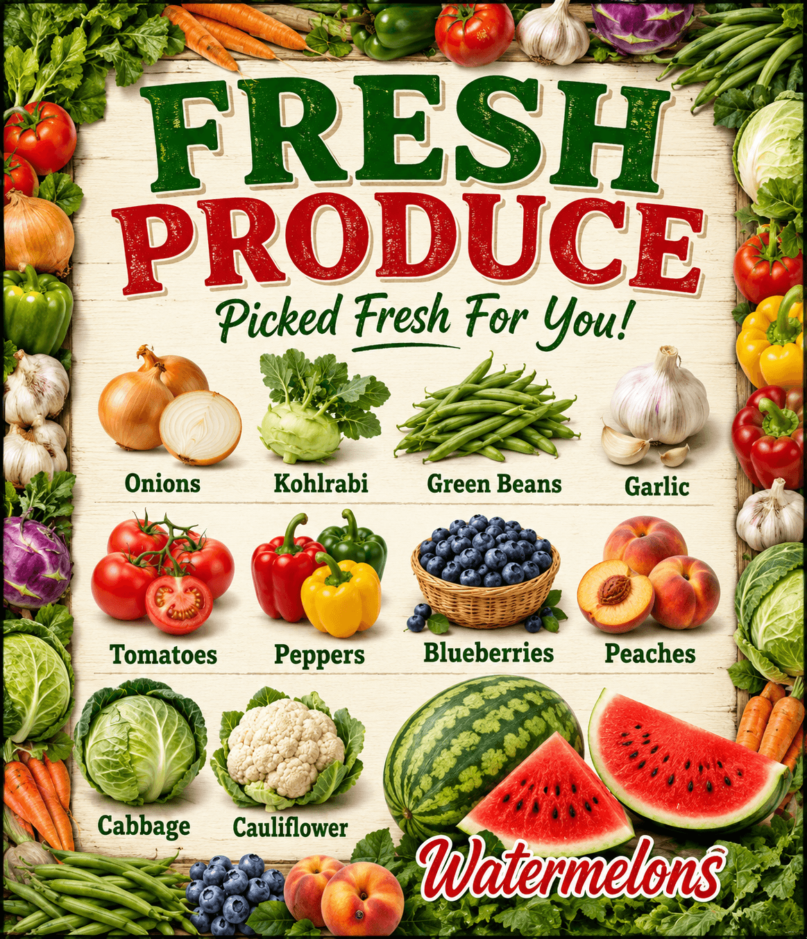 Assorted fresh produce items, including onions, kohlrabi, green beans, garlic, tomatoes, peppers, blueberries, peaches, cabbage, cauliflower, and watermelons, with text describing each.
