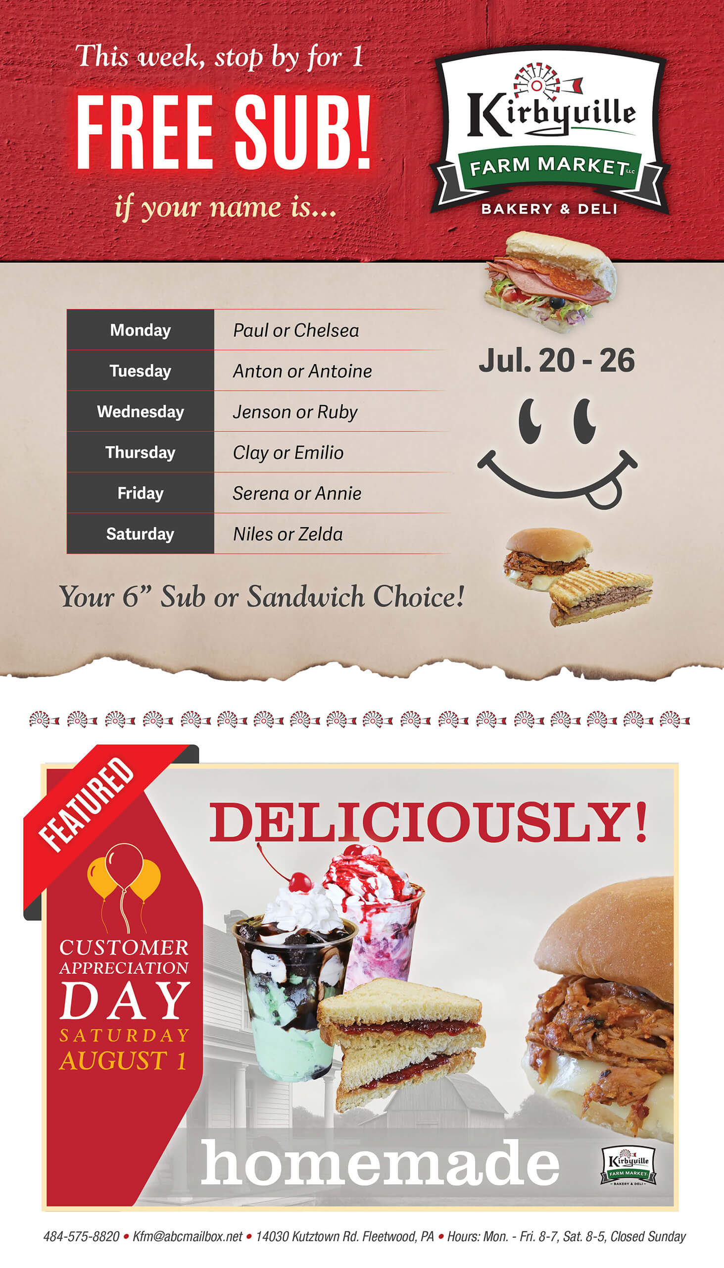 Promotional flyer: Kirbyville Farm Market offers a free sub to select first names for July 20–26; features images of subs, sandwiches, and dessert with details for Customer Appreciation Day on August 1.