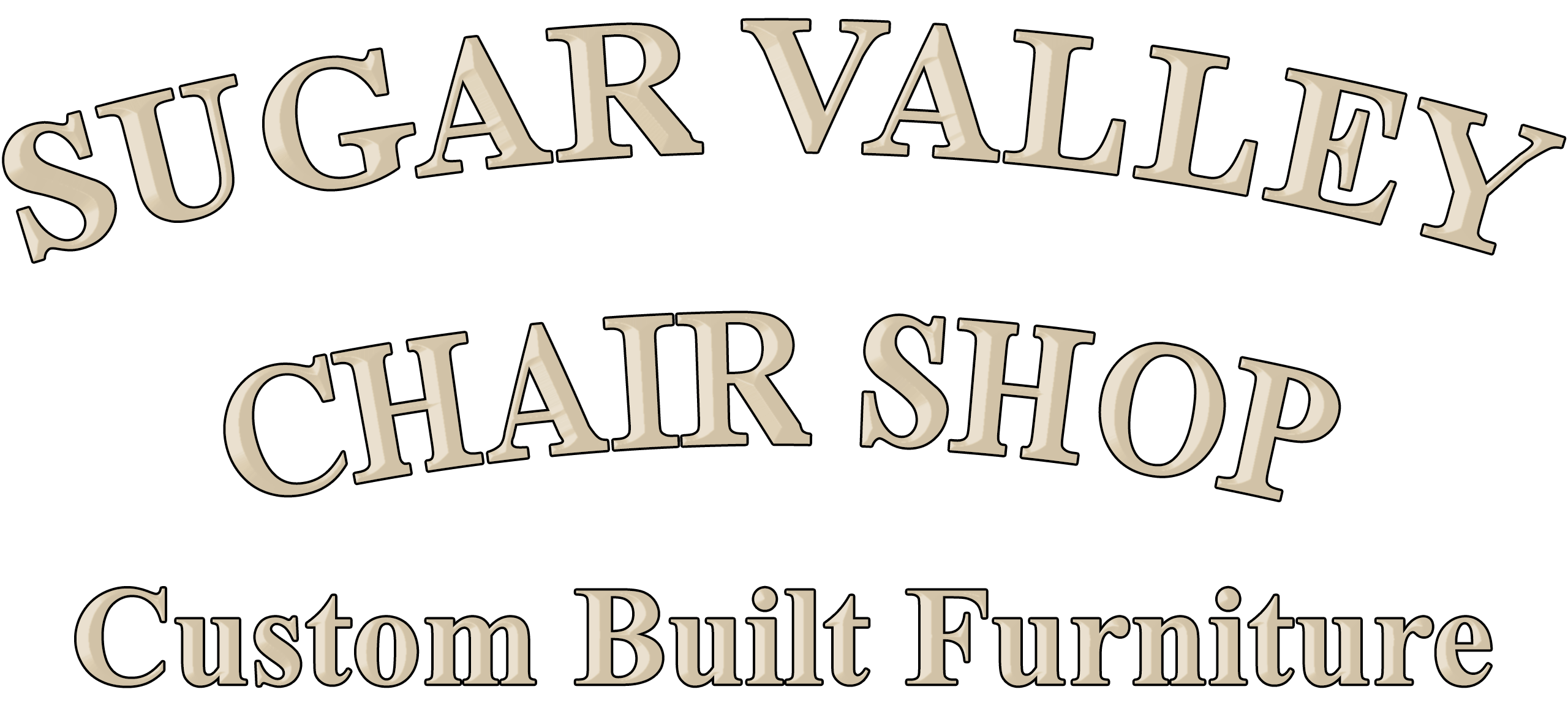 Text logo reads: "SUGAR VALLEY CHAIR SHOP Custom Built Furniture" in arched and straight beige outlined letters on a white background.