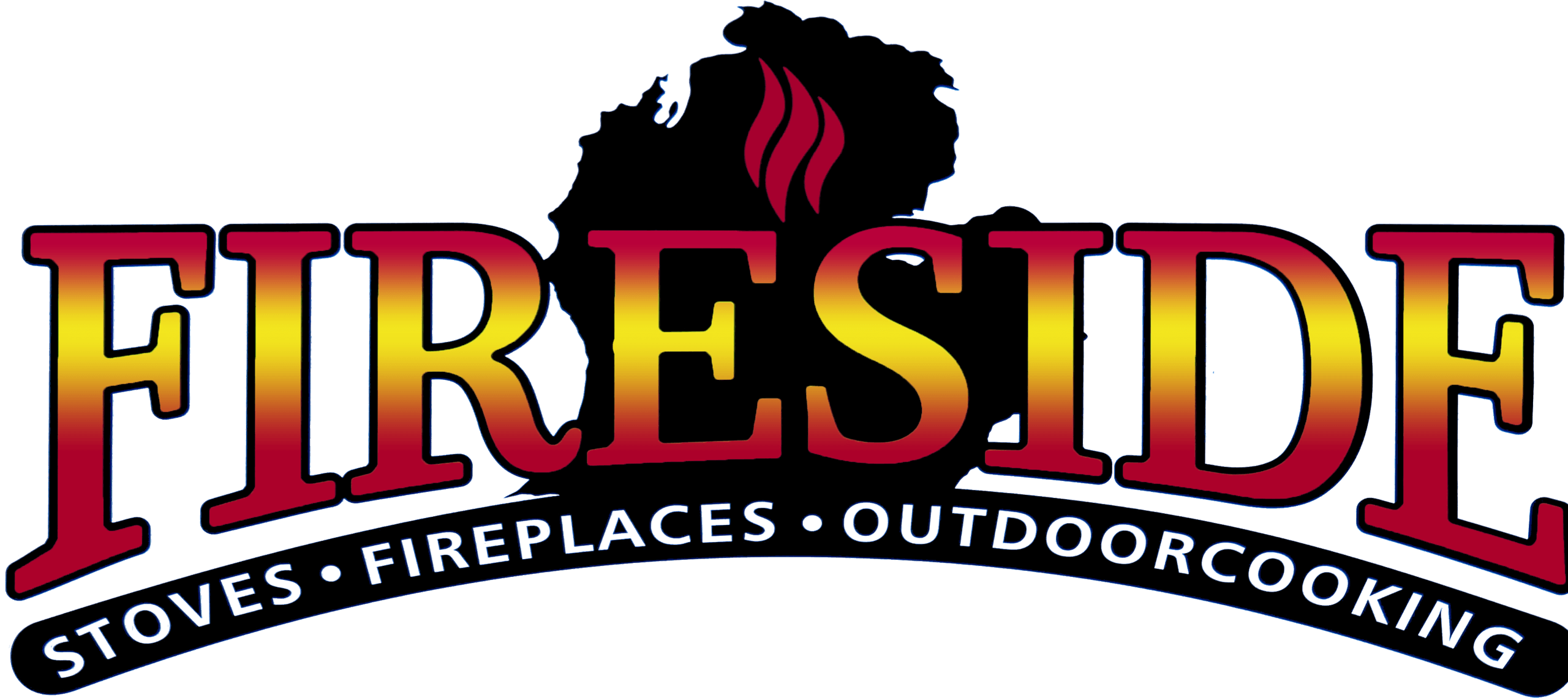 Logo with the word "FIRESIDE" over a silhouette of Michigan, with flames on top. Text below reads: "STOVES • FIREPLACES • OUTDOOR COOKING.