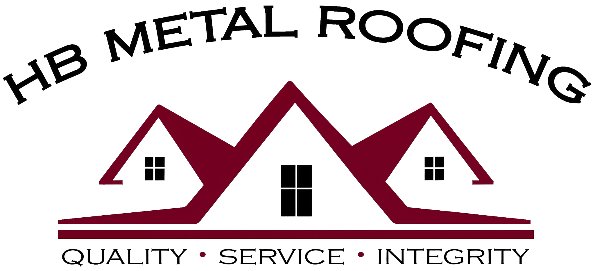 Logo for HB Metal Roofing featuring three stylized house roofs, a central window, and the words: "Quality • Service • Integrity" underneath.
