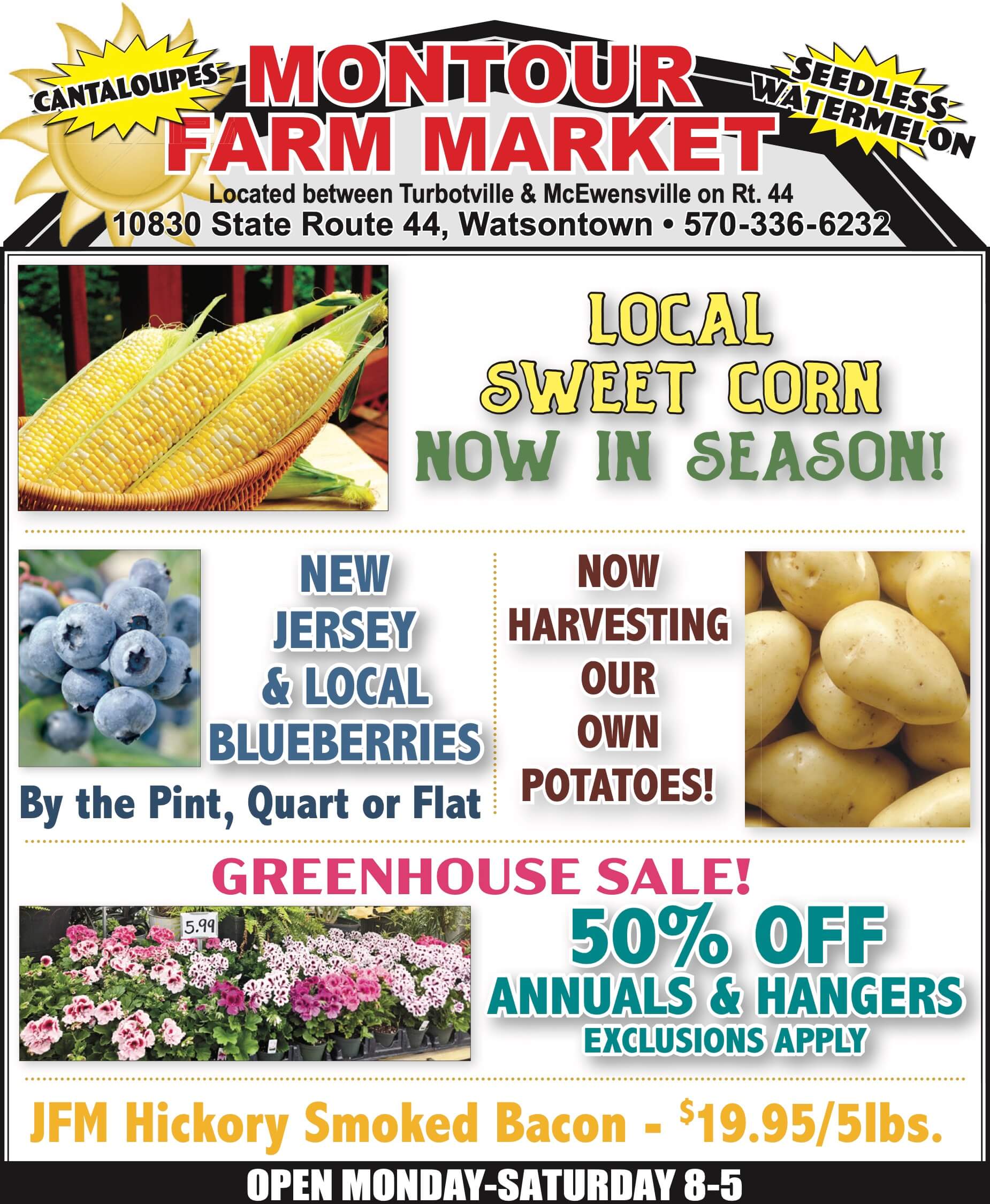 Farm market flyer advertising local sweet corn, New Jersey blueberries, fresh local potatoes, greenhouse plants at 50% off, and smoked bacon. Includes farm location and hours.