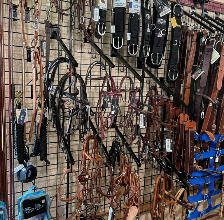 Penchem Tack Store Guthrie, KY Assorted horse tack including bridles, halters, reins, and stirrup leathers displayed on a black metal grid wall in a store.