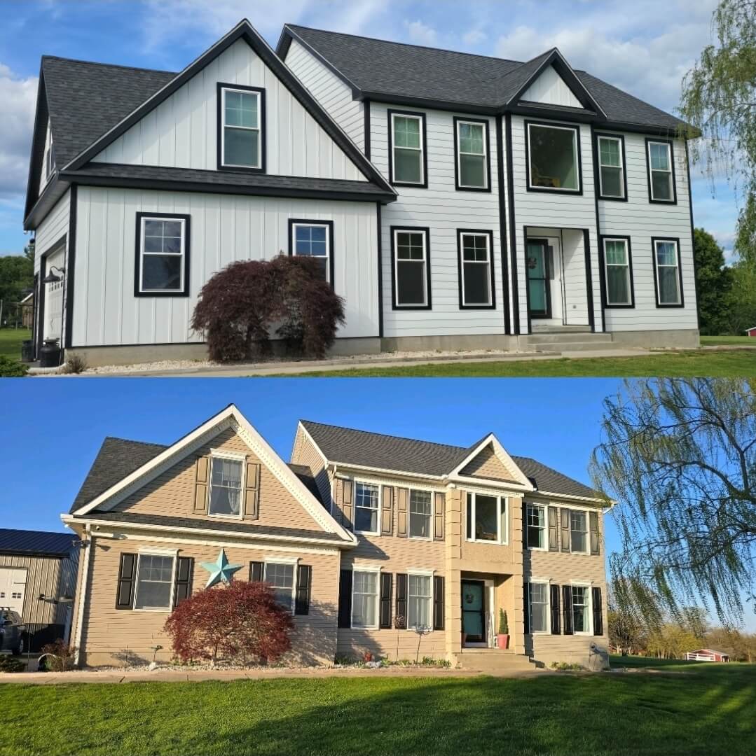 Blue Ridge Windows & Doors Quarryville Pennsylvania Two photos show the same two-story house before and after renovation; the first has white siding and black trim, the second has tan siding with dark shutters and a blue star decoration.