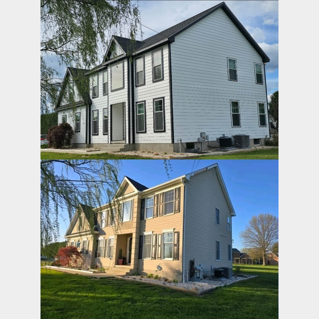 Blue Ridge Windows & Doors Quarryville Pennsylvania Two side-by-side photos show a house before and after a renovation; the top image has white siding with black trim, while the bottom shows beige siding with brown trim.