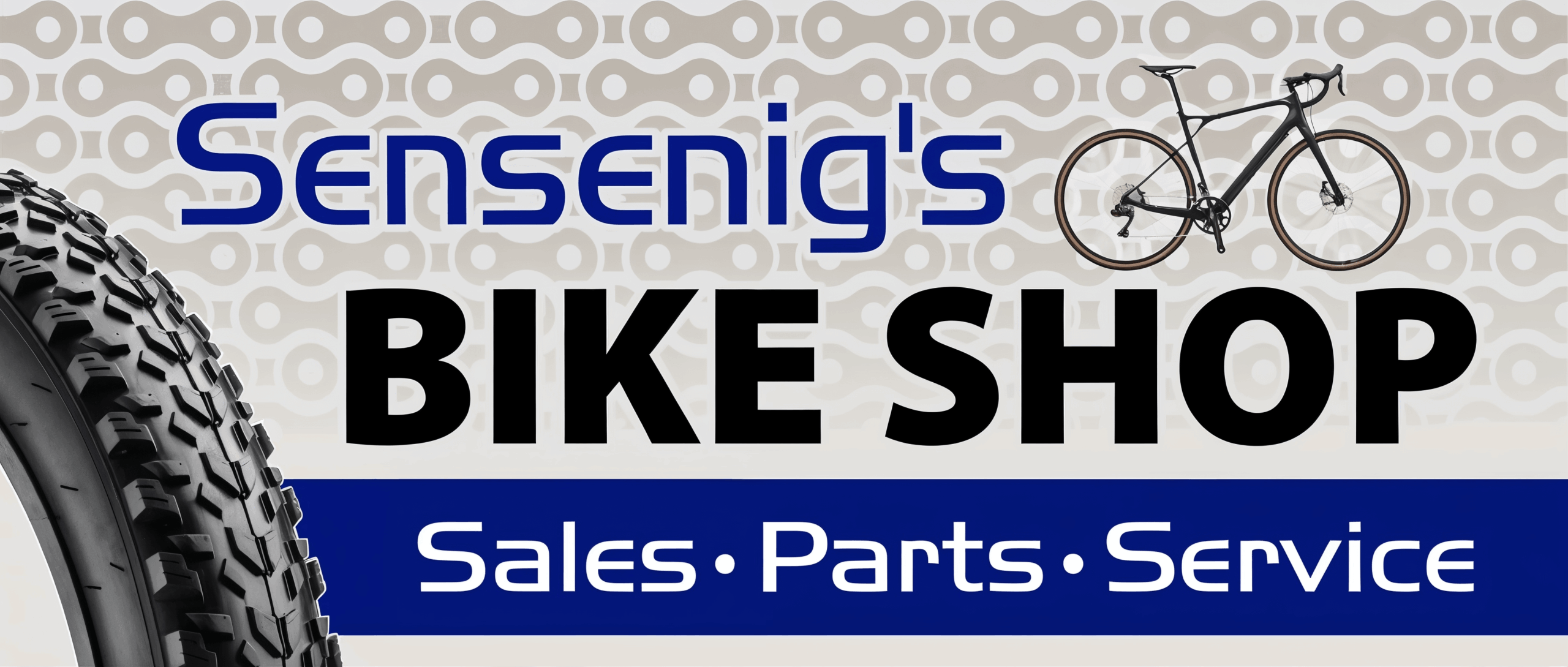 Sensenig's Bike Shop sign with a bike tire, a road bike illustration, chain pattern background, and text: Sales, Parts, Service.