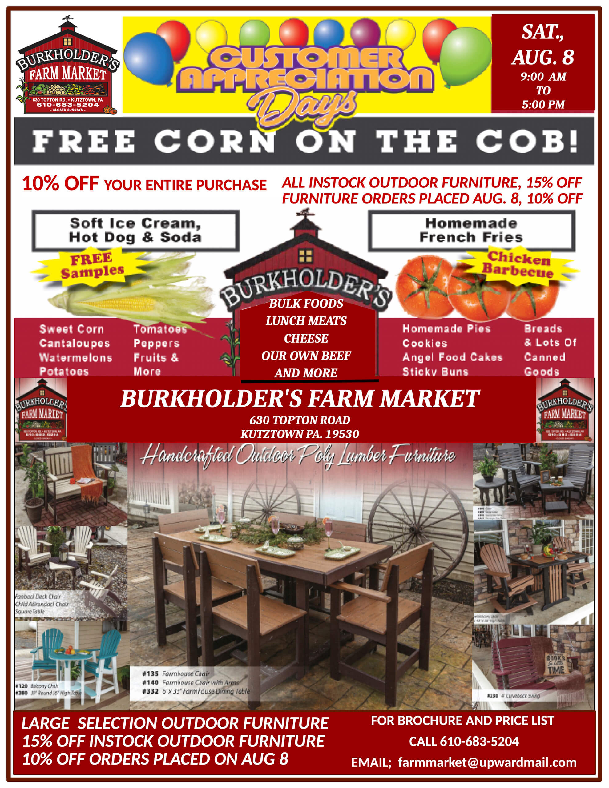 7.24.26 Burkholder's Farm Market Ad Flyer for Burkholder’s Farm Market Customer Appreciation Days featuring free corn, discounts on furniture, food offerings, and event details for Saturday, August 8 from 9 AM to 5 PM.