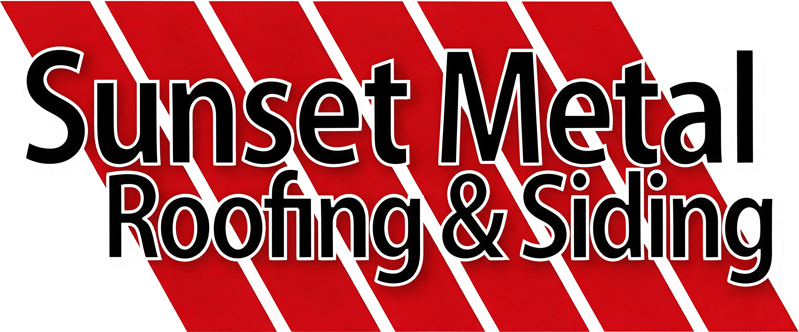 The image shows the text "Sunset Metal Roofing & Siding" in bold black letters over a red and white striped background.