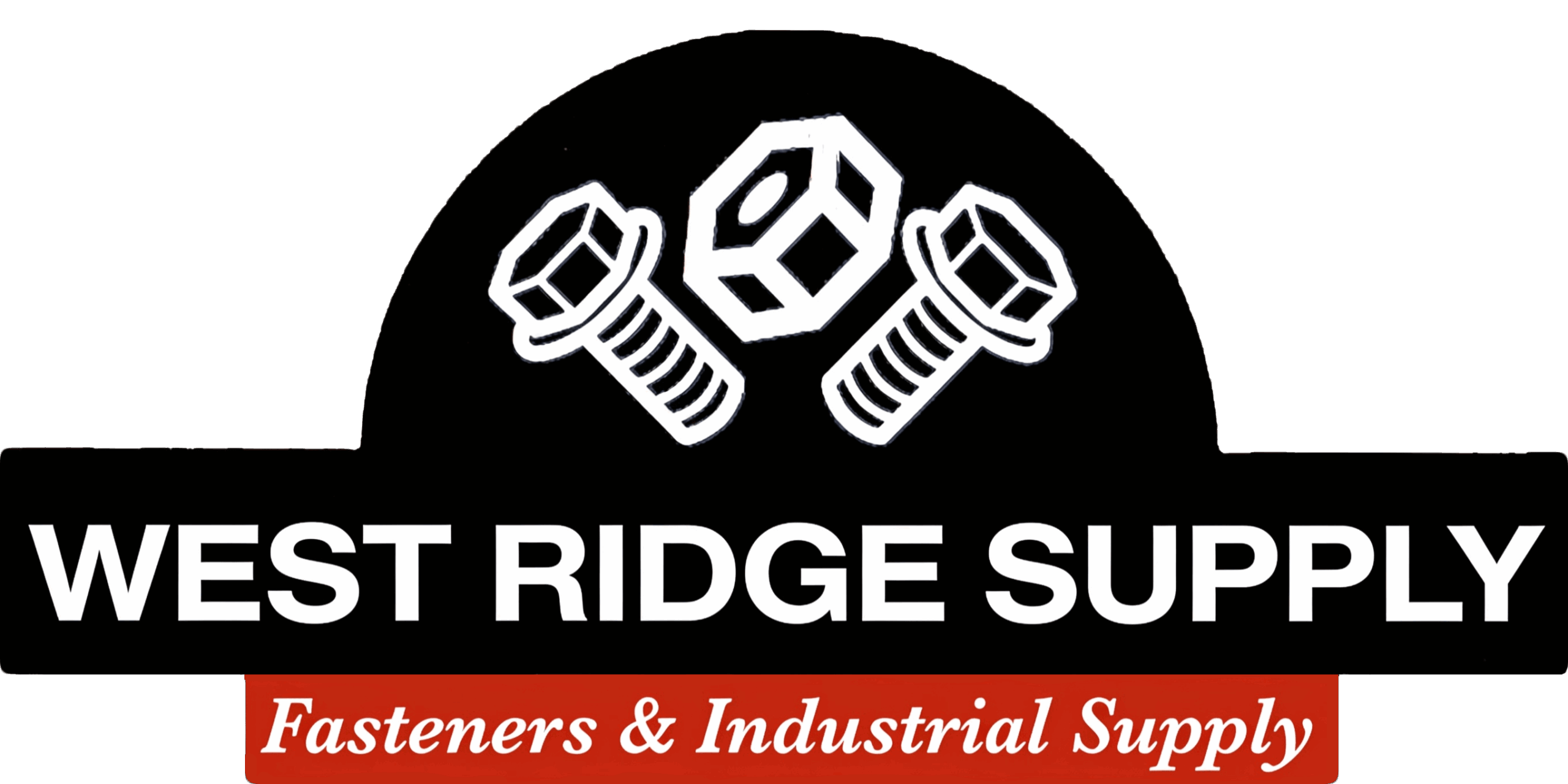 Logo for West Ridge Supply featuring two bolts and a nut above the company name; tagline reads "Fasteners & Industrial Supply" on a red background.
