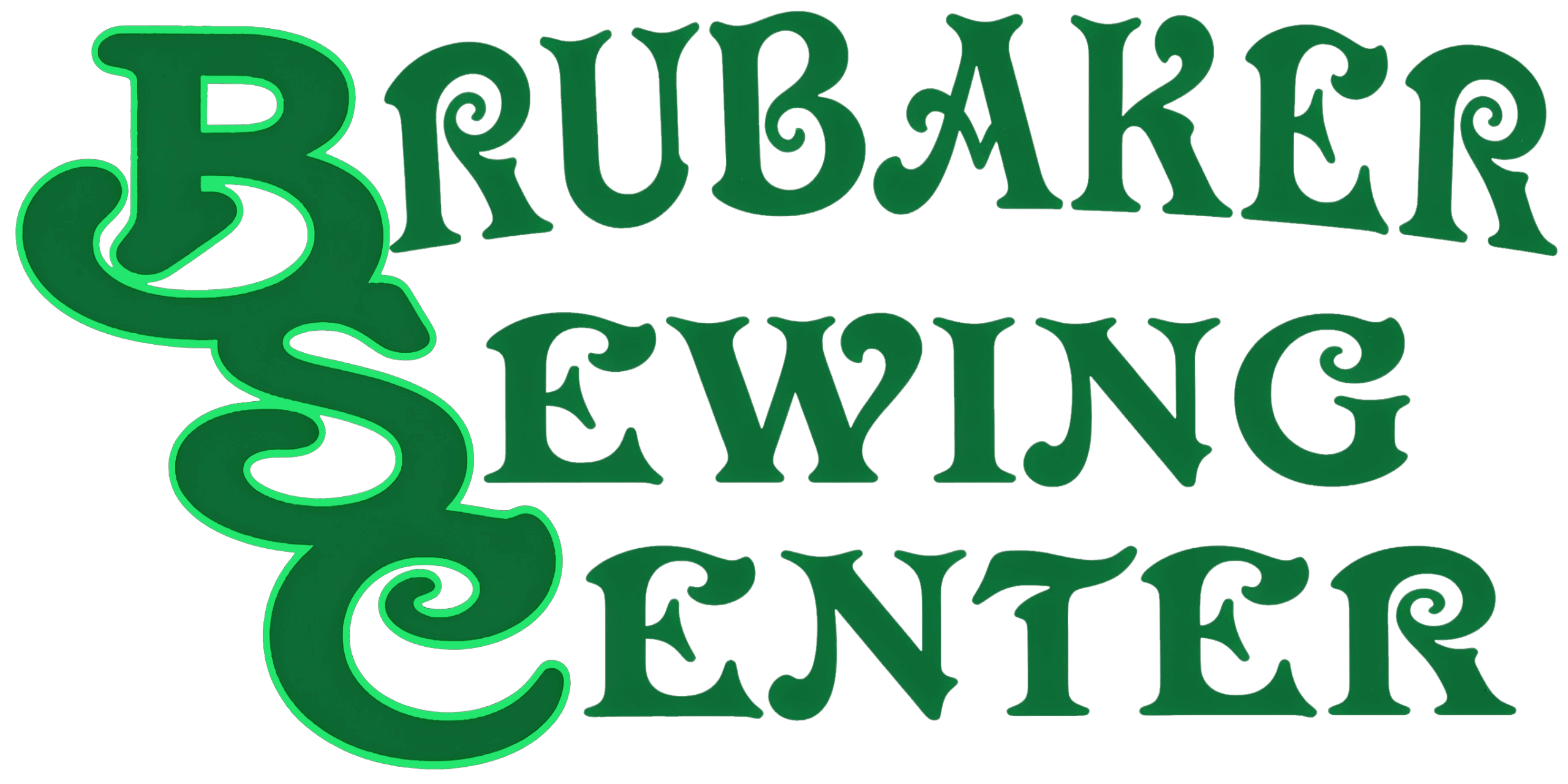 Green text reads "Brubaker Sewing Center" with large decorative letters "B", "S", and "C" stacked vertically on the left. The font is ornate and the background is white.