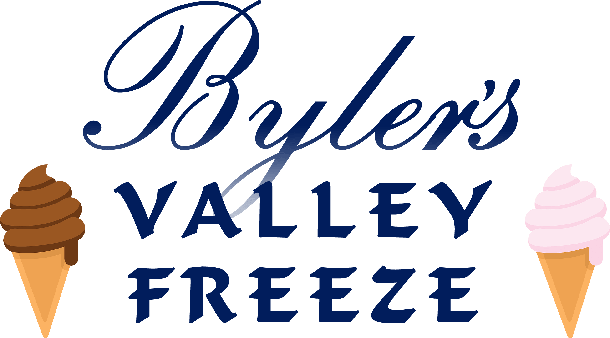 Byler's Valley Freeze sign with decorative script, featuring chocolate and strawberry ice cream cones on each side.