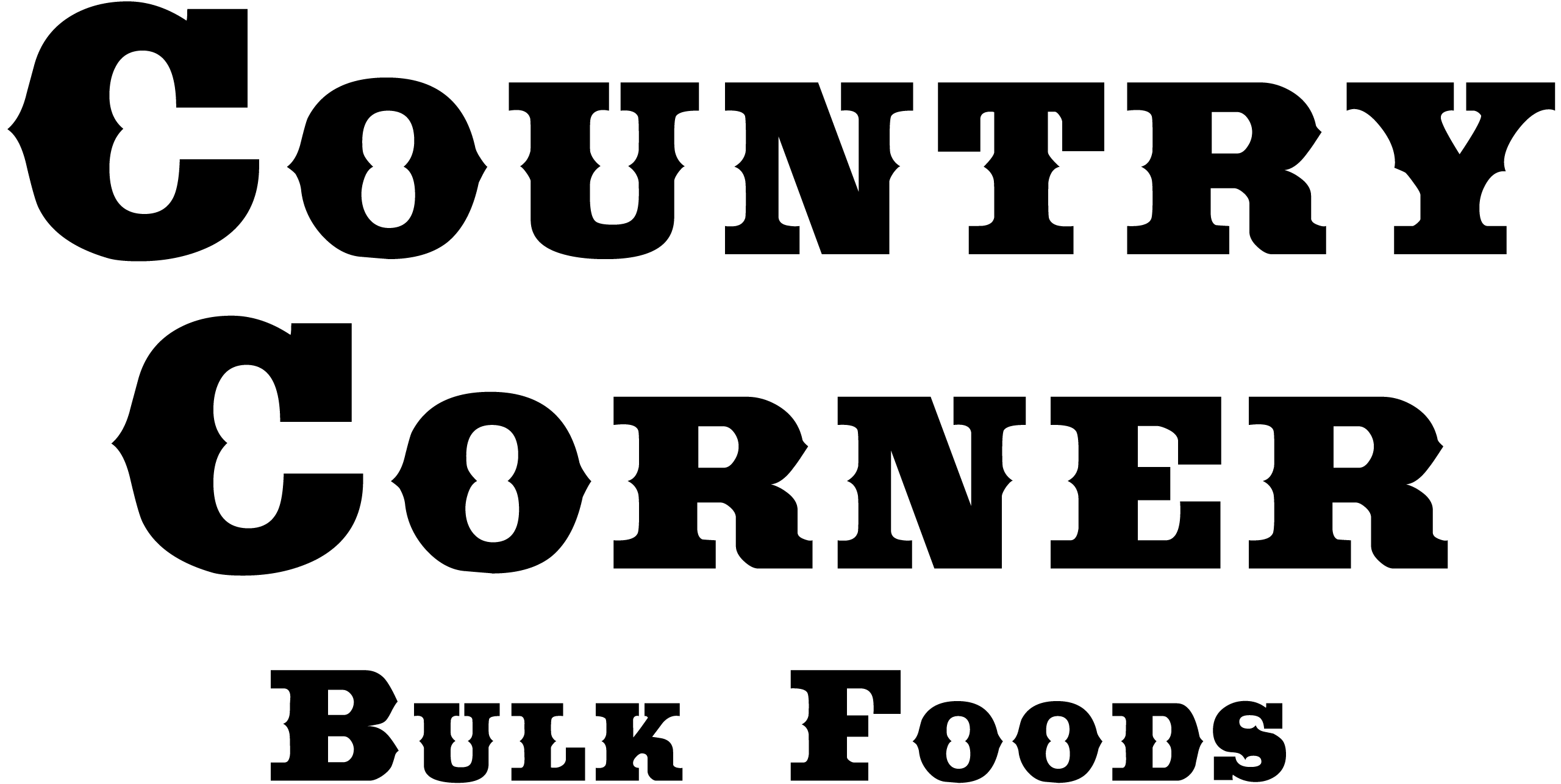 Bold black text reads “Country Corner Bulk Foods” on a light background in a western-style font.